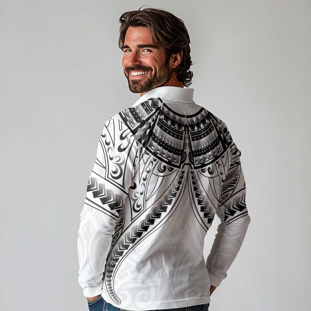 New Zealand Morepork Long Sleeve Polo Shirt Maori Pattern White