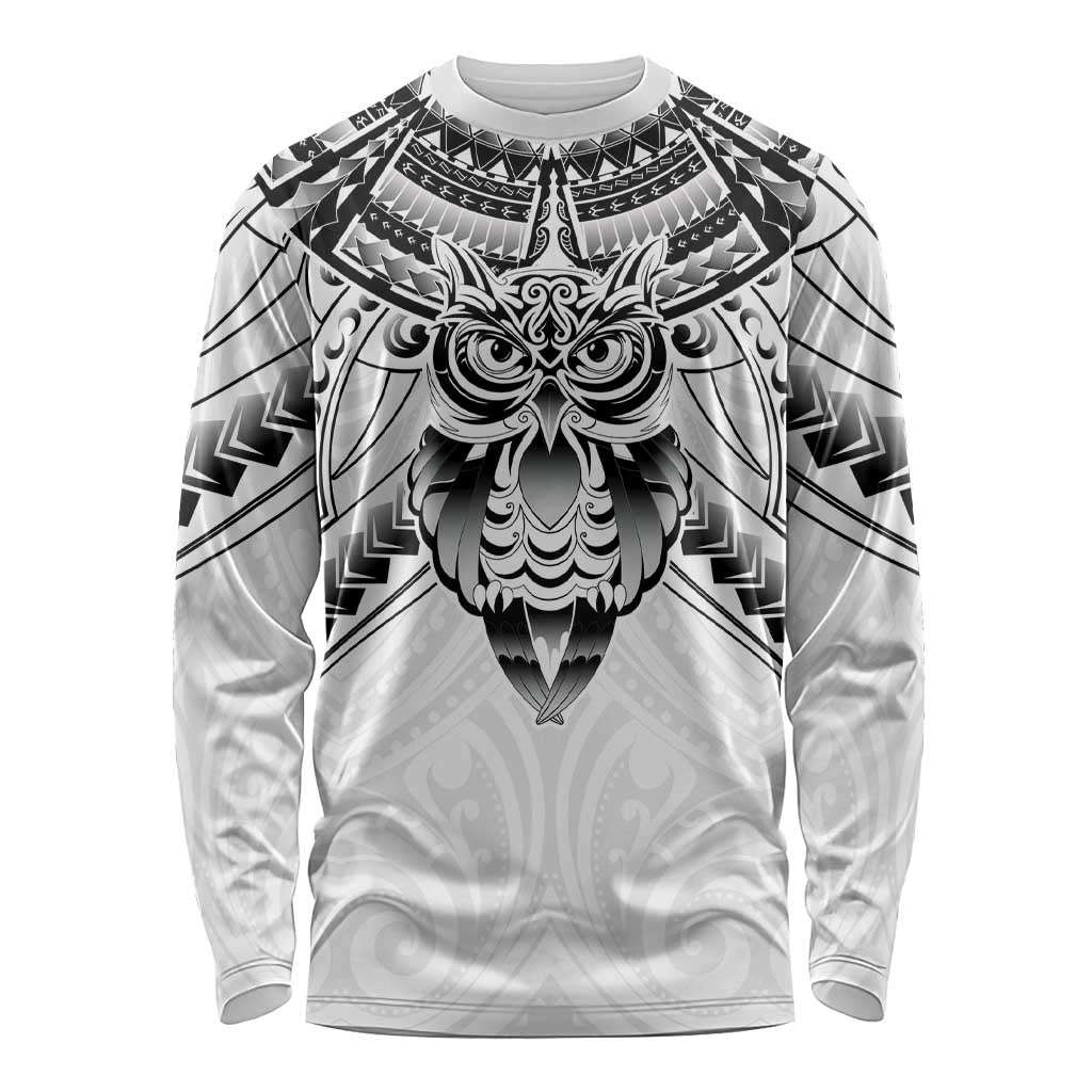 New Zealand Morepork Long Sleeve Shirt Maori Pattern White