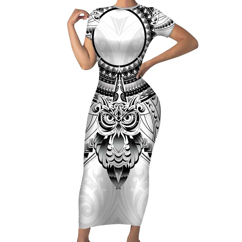 New Zealand Morepork Short Sleeve Bodycon Dress Maori Pattern White