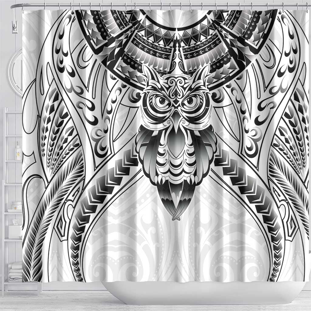 New Zealand Morepork Shower Curtain Maori Pattern White LT05 - Polynesian Pride