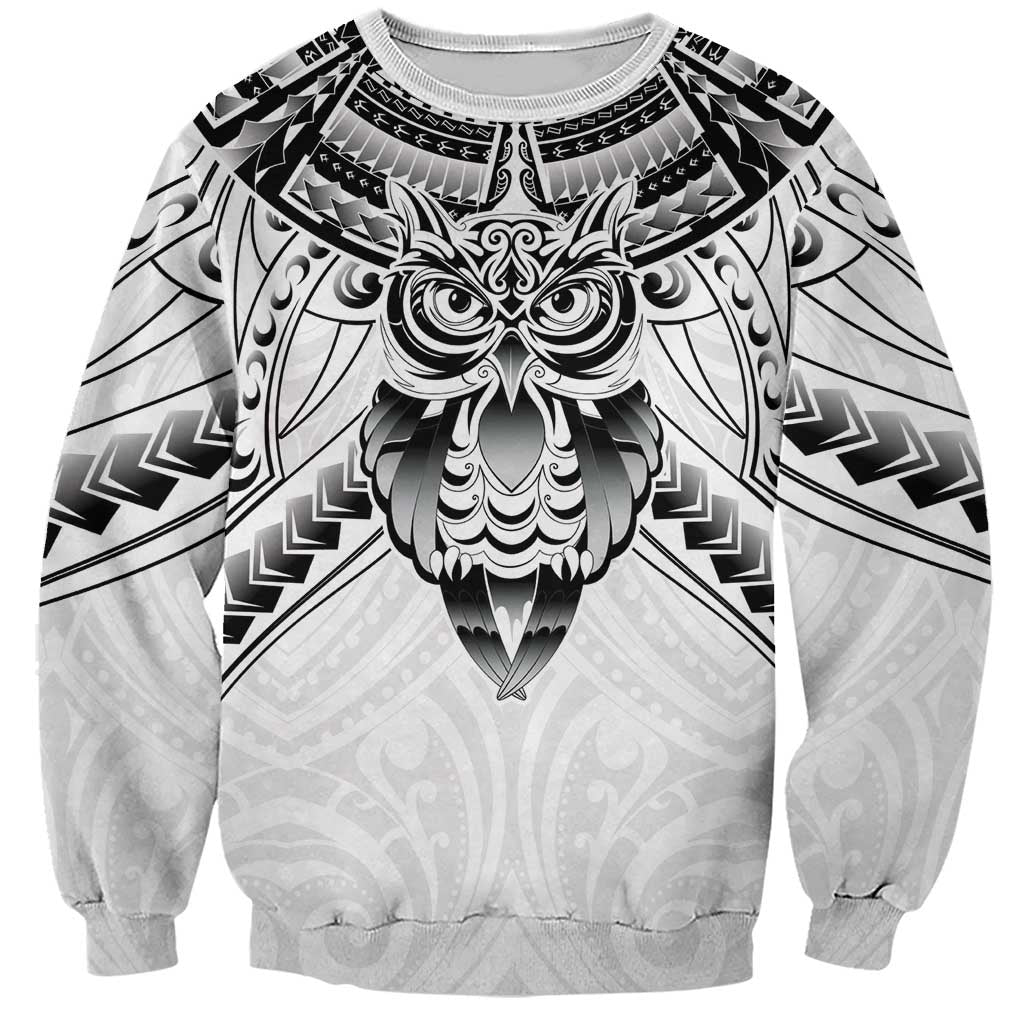 New Zealand Morepork Sweatshirt Maori Pattern White LT05 Unisex White - Polynesian Pride