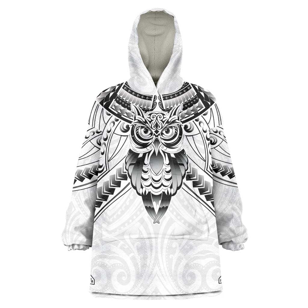 New Zealand Morepork Wearable Blanket Hoodie Maori Pattern White