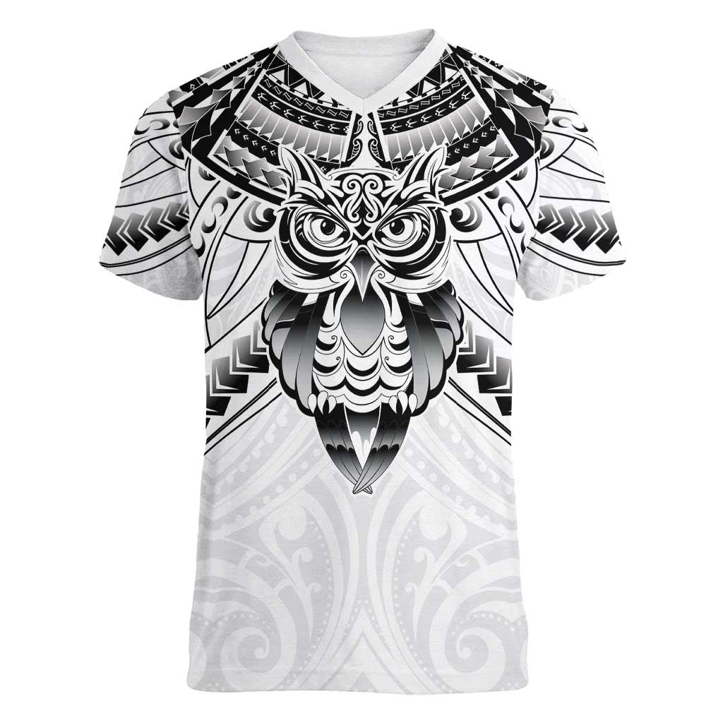 New Zealand Morepork Women V-Neck T-Shirt Maori Pattern White