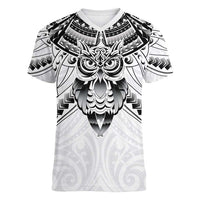 New Zealand Morepork Women V-Neck T-Shirt Maori Pattern White