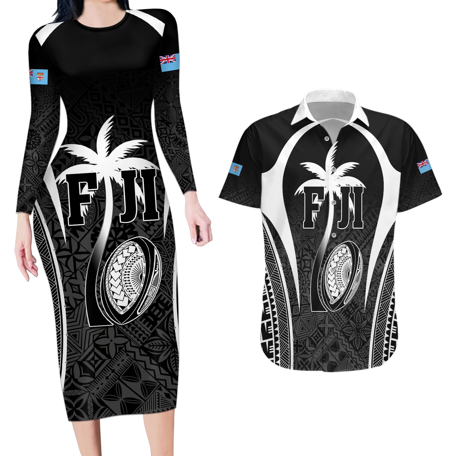 Custom Fiji Rugby Couples Matching Long Sleeve Bodycon Dress and Hawaiian Shirt Fijian Warrior Black