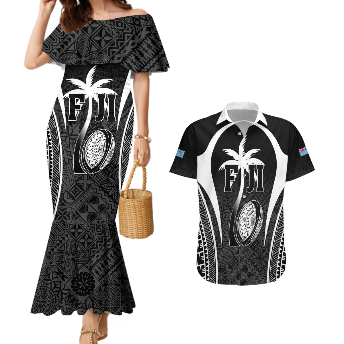 Custom Fiji Rugby Couples Matching Mermaid Dress and Hawaiian Shirt Fijian Warrior Black