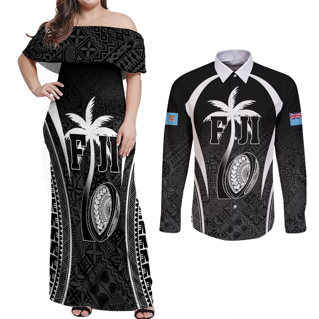 Custom Fiji Rugby Couples Matching Off Shoulder Maxi Dress and Long Sleeve Button Shirt Fijian Warrior Black LT05 Black - Polynesian Pride