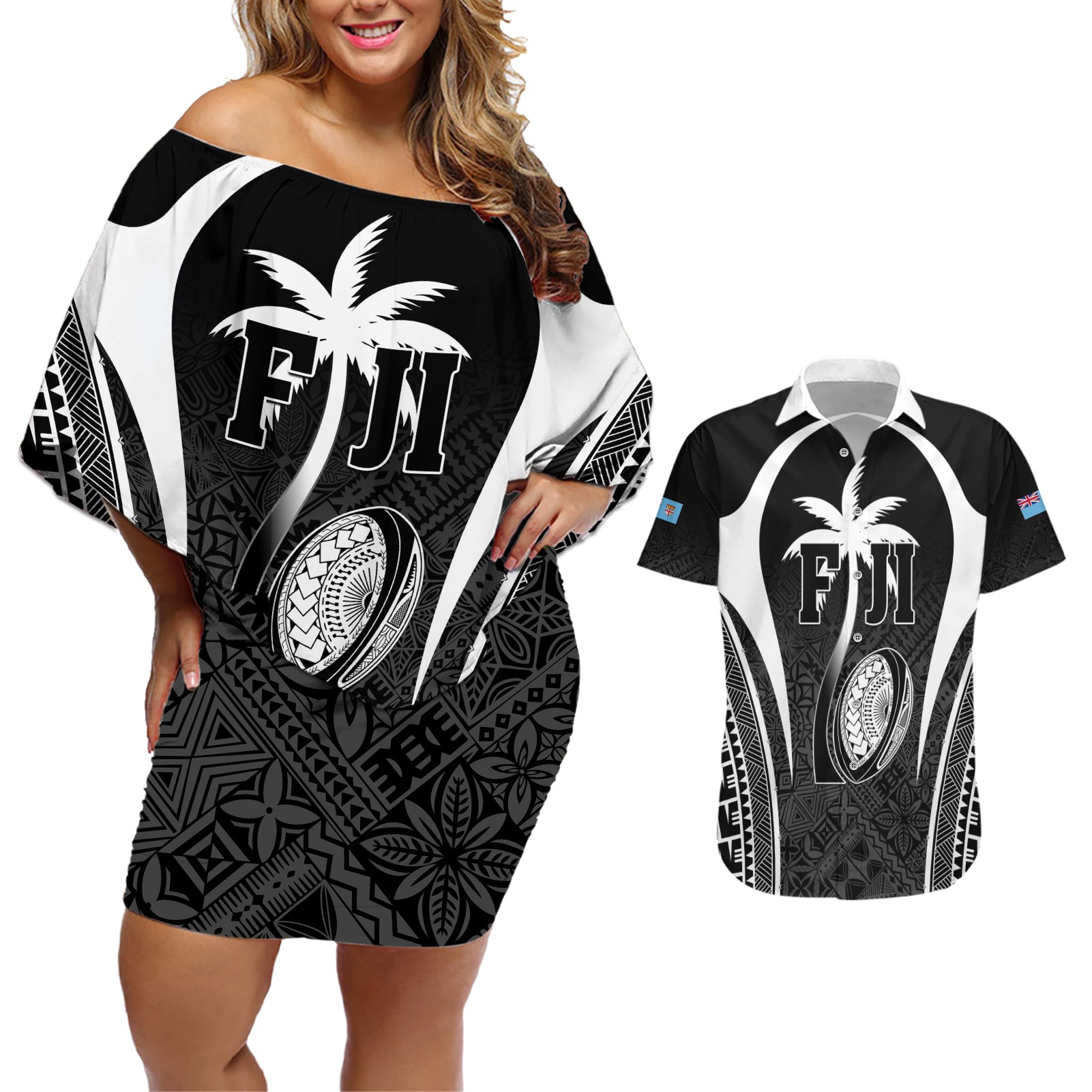 Custom Fiji Rugby Couples Matching Off Shoulder Short Dress and Hawaiian Shirt Fijian Warrior Black