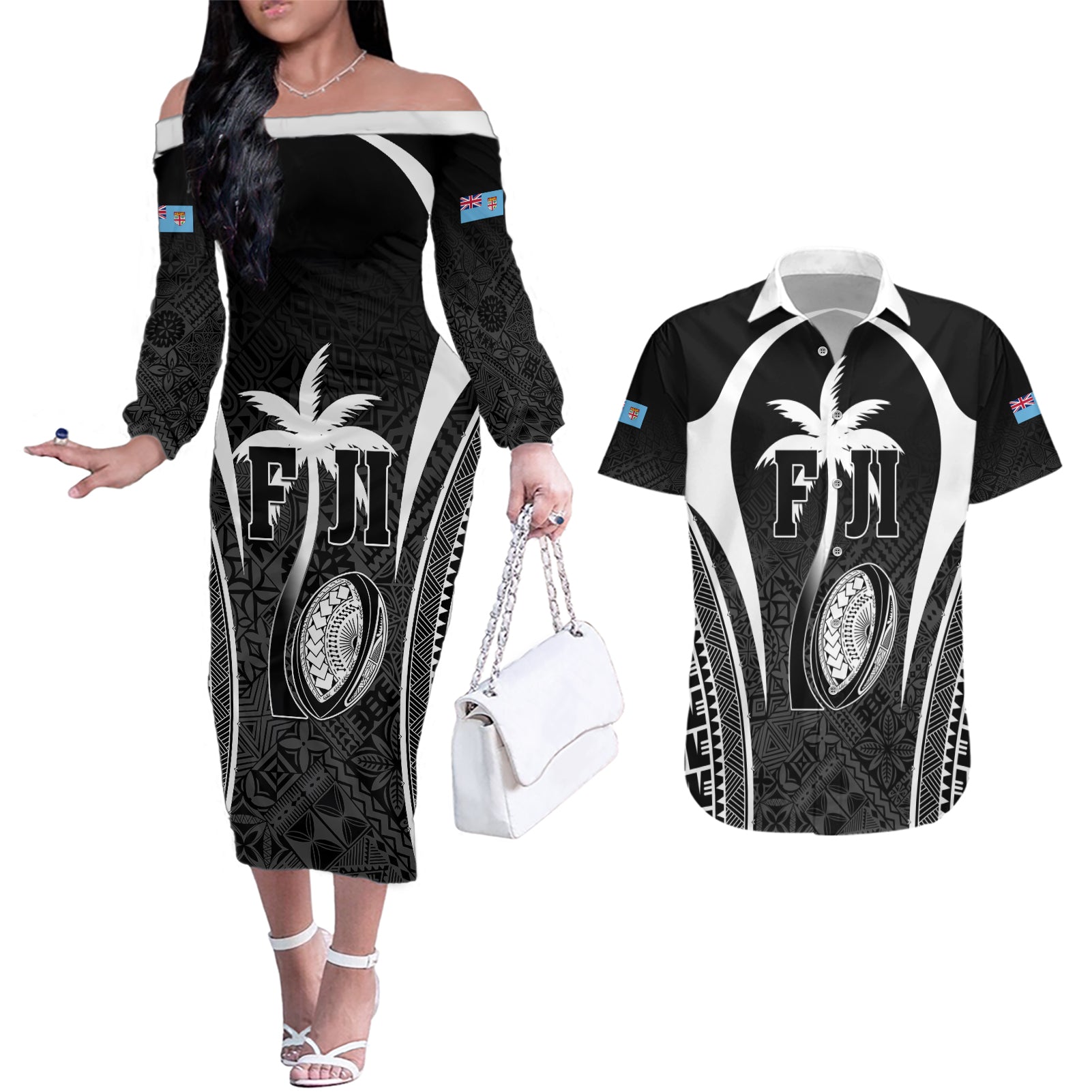 Custom Fiji Rugby Couples Matching Off The Shoulder Long Sleeve Dress and Hawaiian Shirt Fijian Warrior Black