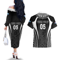 Custom Fiji Rugby Couples Matching Off The Shoulder Long Sleeve Dress and Hawaiian Shirt Fijian Warrior Black
