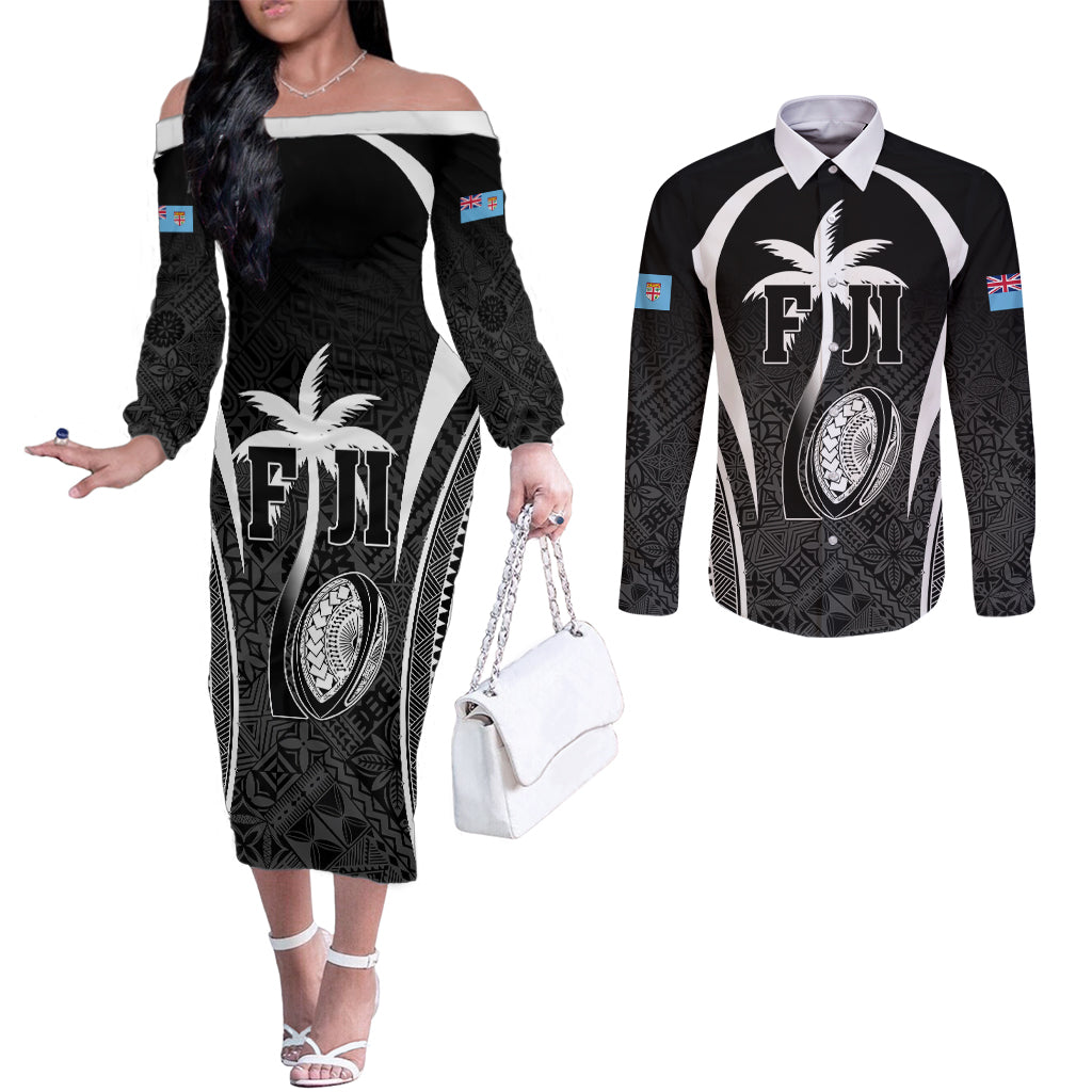 Custom Fiji Rugby Couples Matching Off The Shoulder Long Sleeve Dress and Long Sleeve Button Shirt Fijian Warrior Black