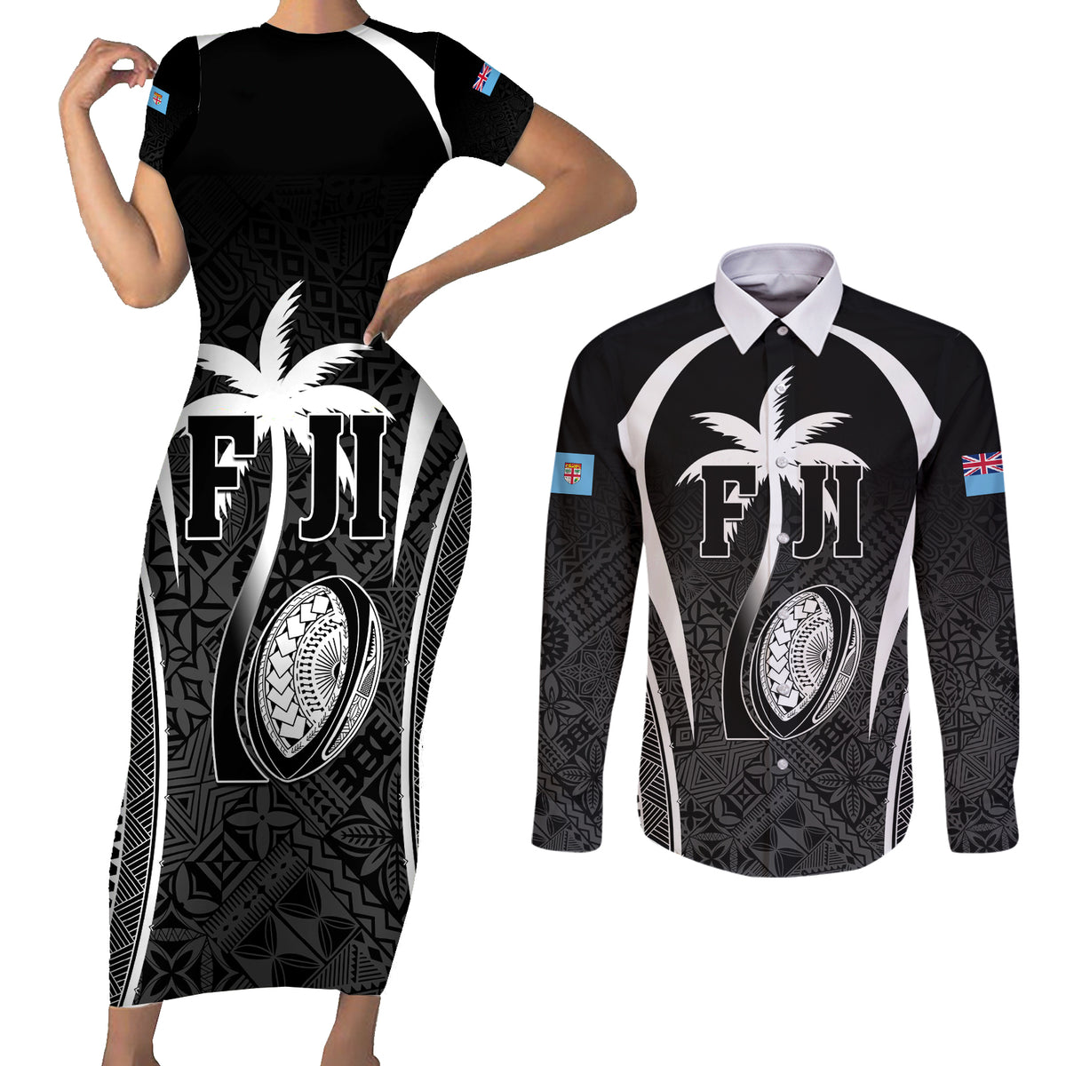Custom Fiji Rugby Couples Matching Short Sleeve Bodycon Dress and Long Sleeve Button Shirt Fijian Warrior Black
