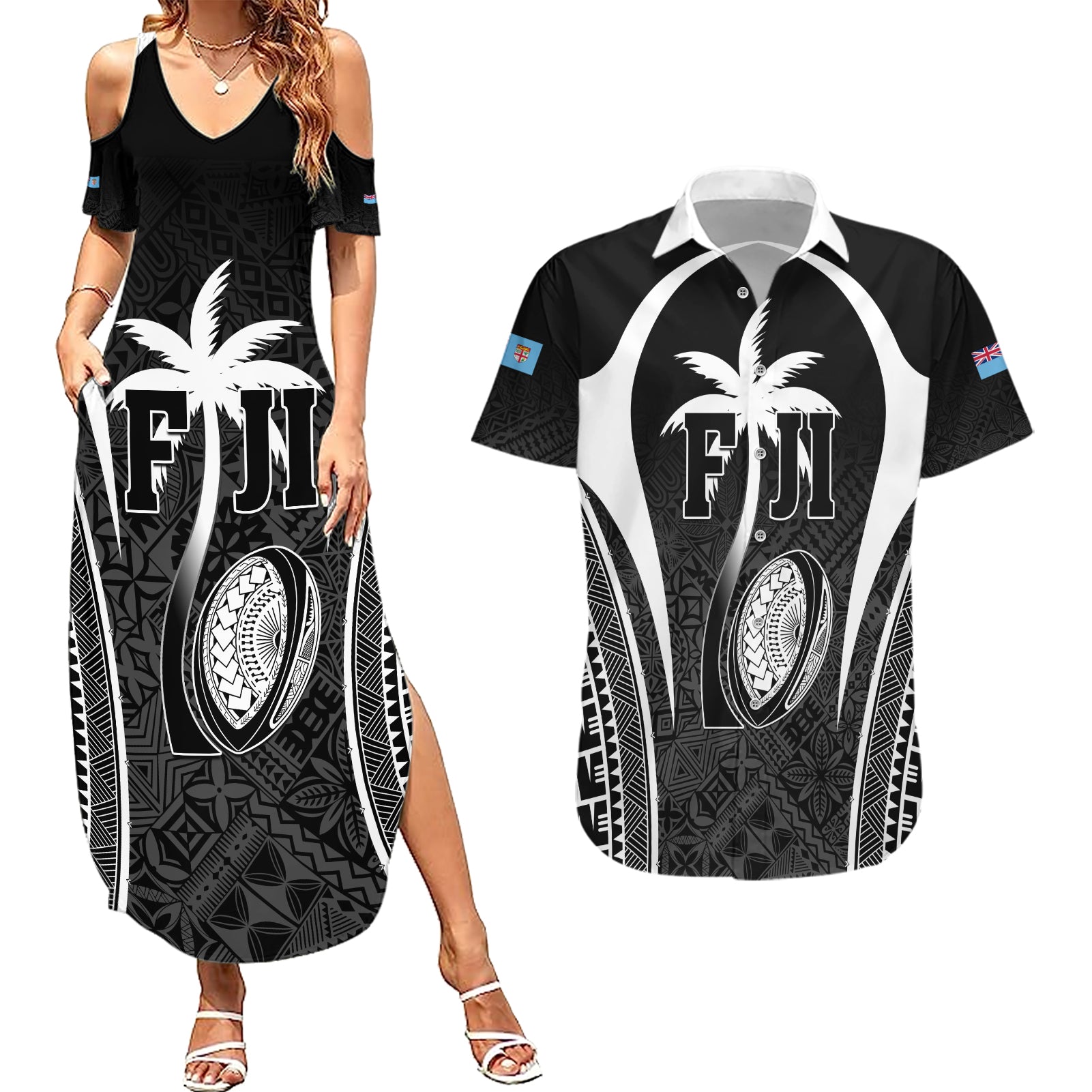 Custom Fiji Rugby Couples Matching Summer Maxi Dress and Hawaiian Shirt Fijian Warrior Black