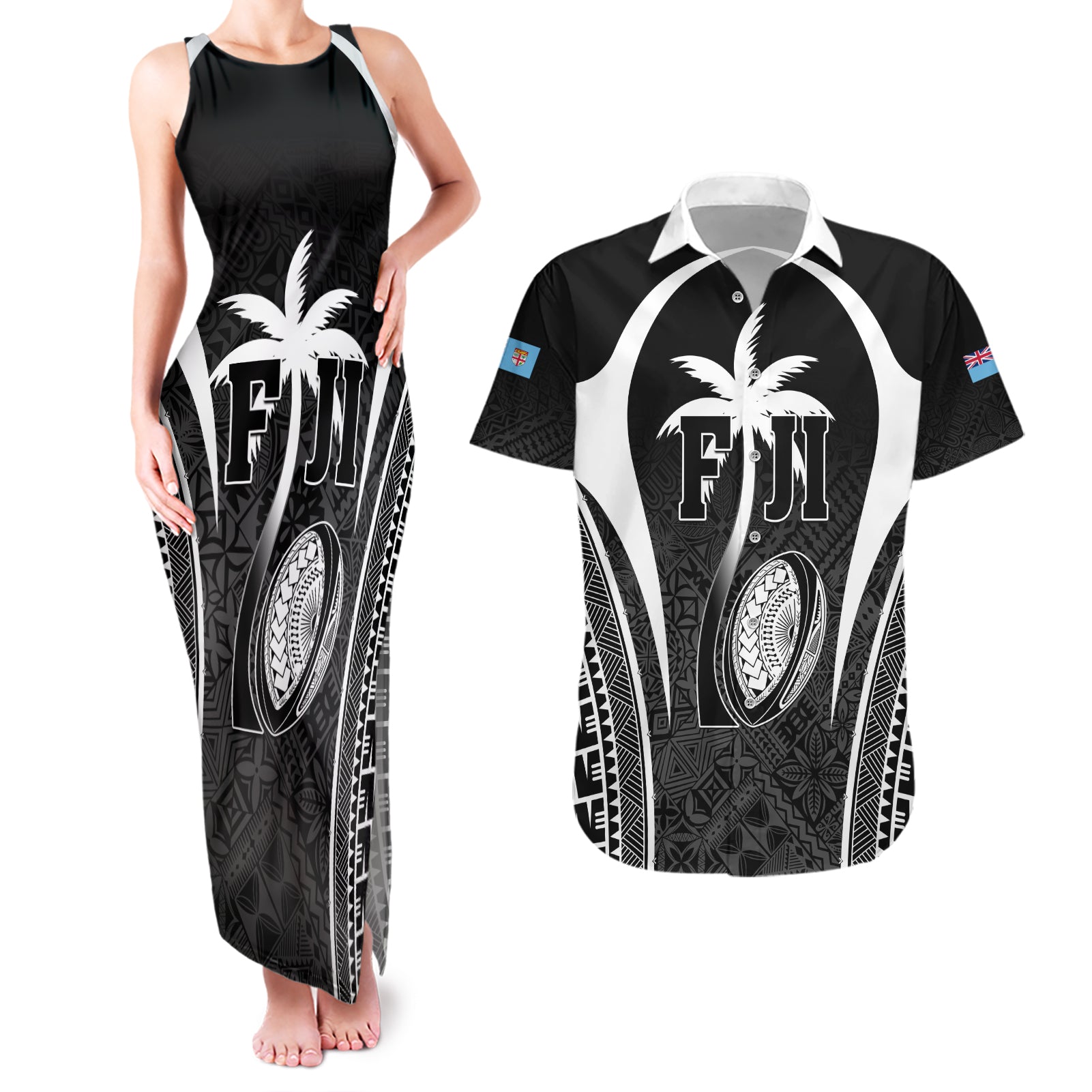 Custom Fiji Rugby Couples Matching Tank Maxi Dress and Hawaiian Shirt Fijian Warrior Black