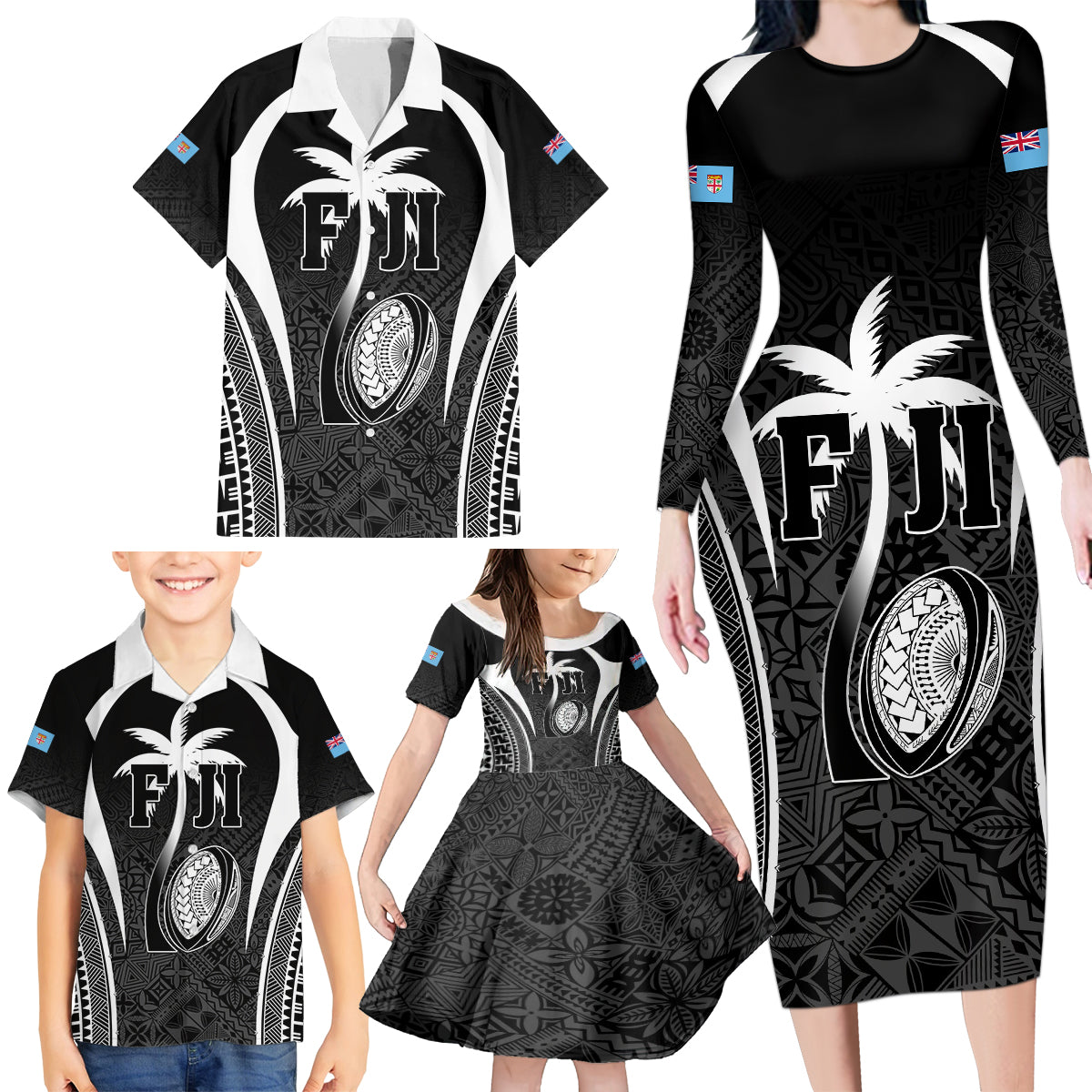 Custom Fiji Rugby Family Matching Long Sleeve Bodycon Dress and Hawaiian Shirt Fijian Warrior Black