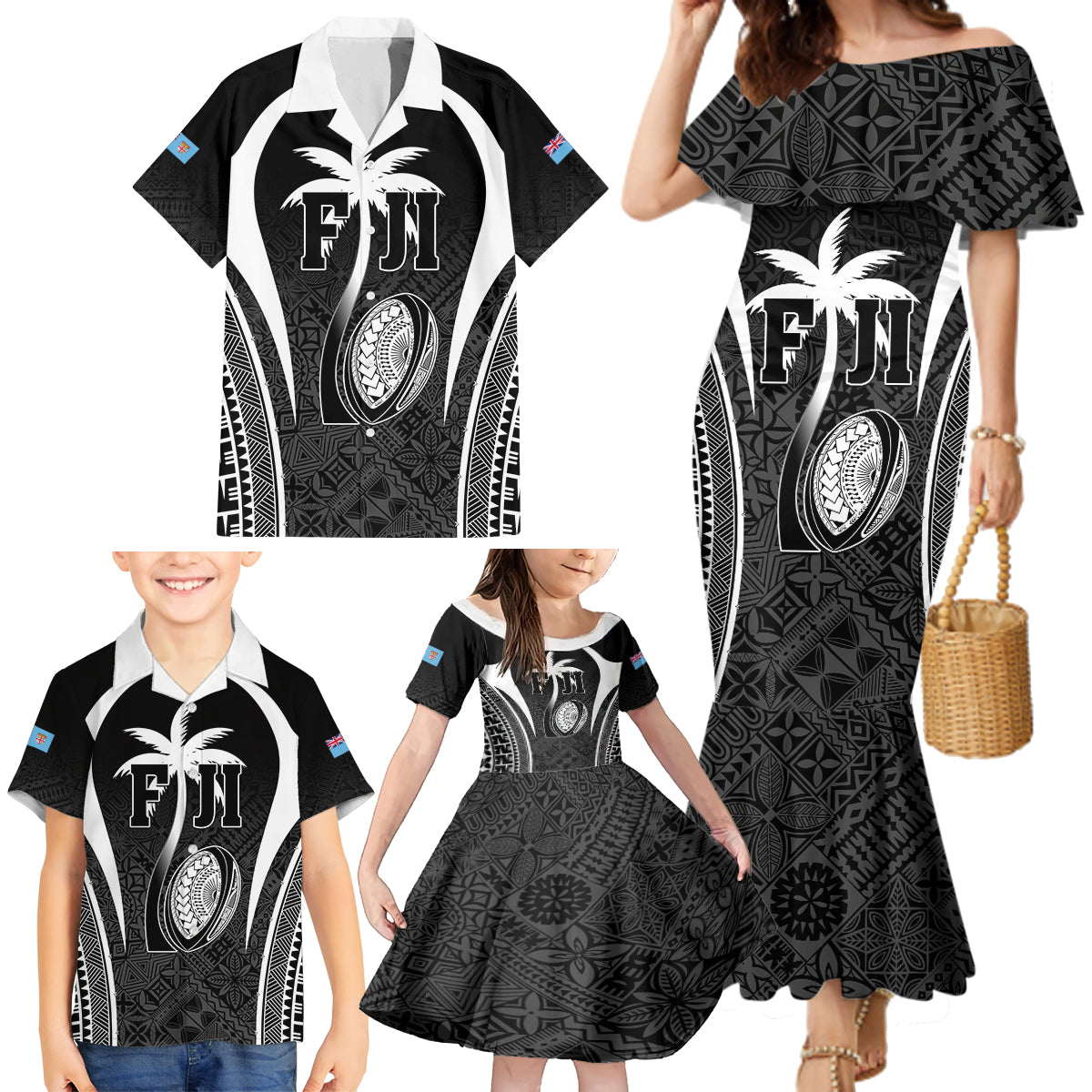 Custom Fiji Rugby Family Matching Mermaid Dress and Hawaiian Shirt Fijian Warrior Black