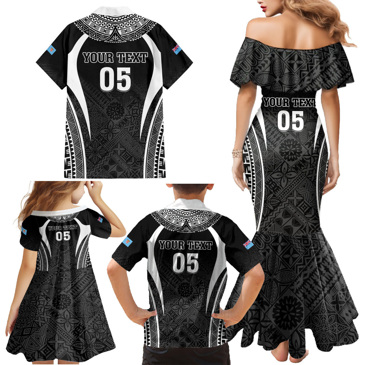 Custom Fiji Rugby Family Matching Mermaid Dress and Hawaiian Shirt Fijian Warrior Black