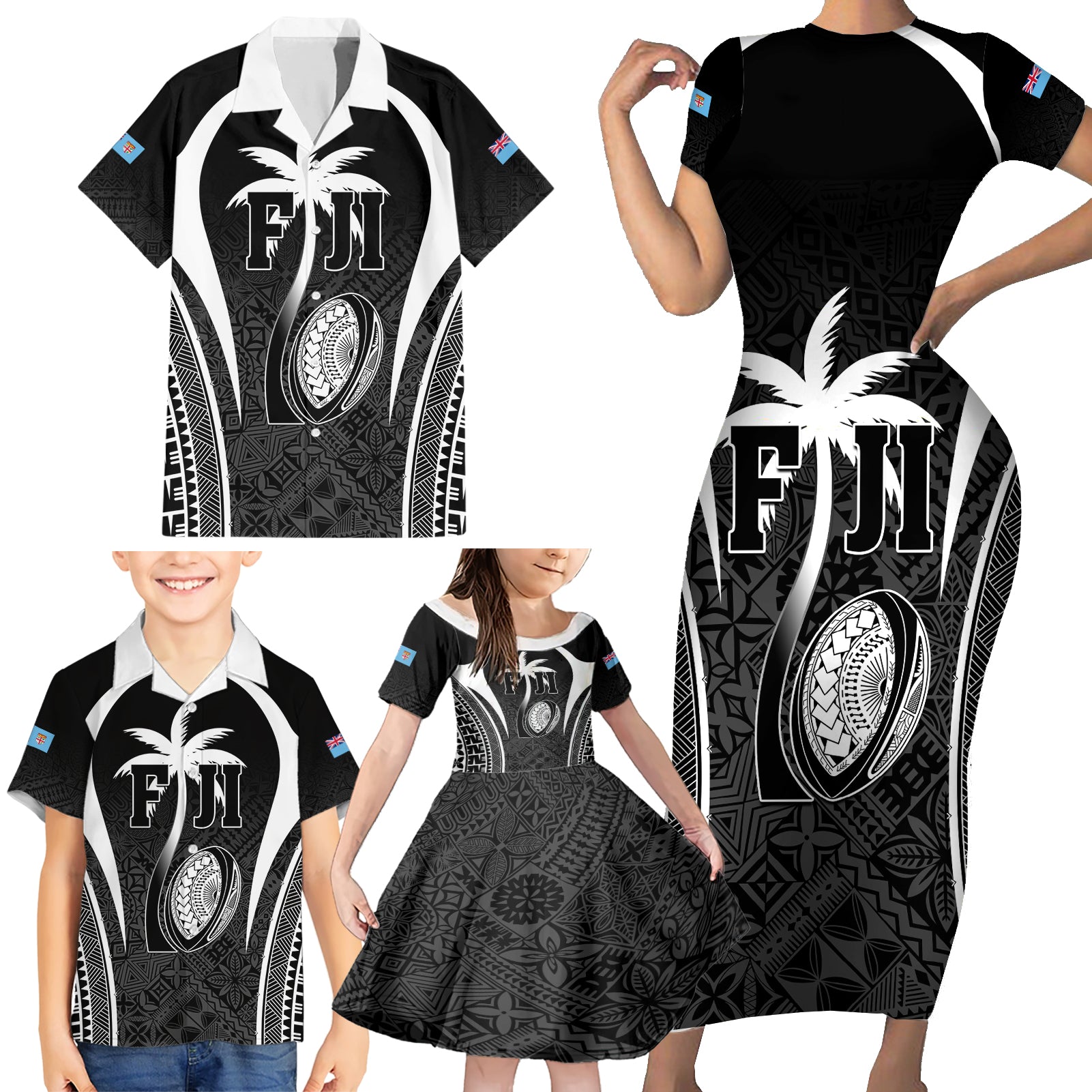 Custom Fiji Rugby Family Matching Short Sleeve Bodycon Dress and Hawaiian Shirt Fijian Warrior Black