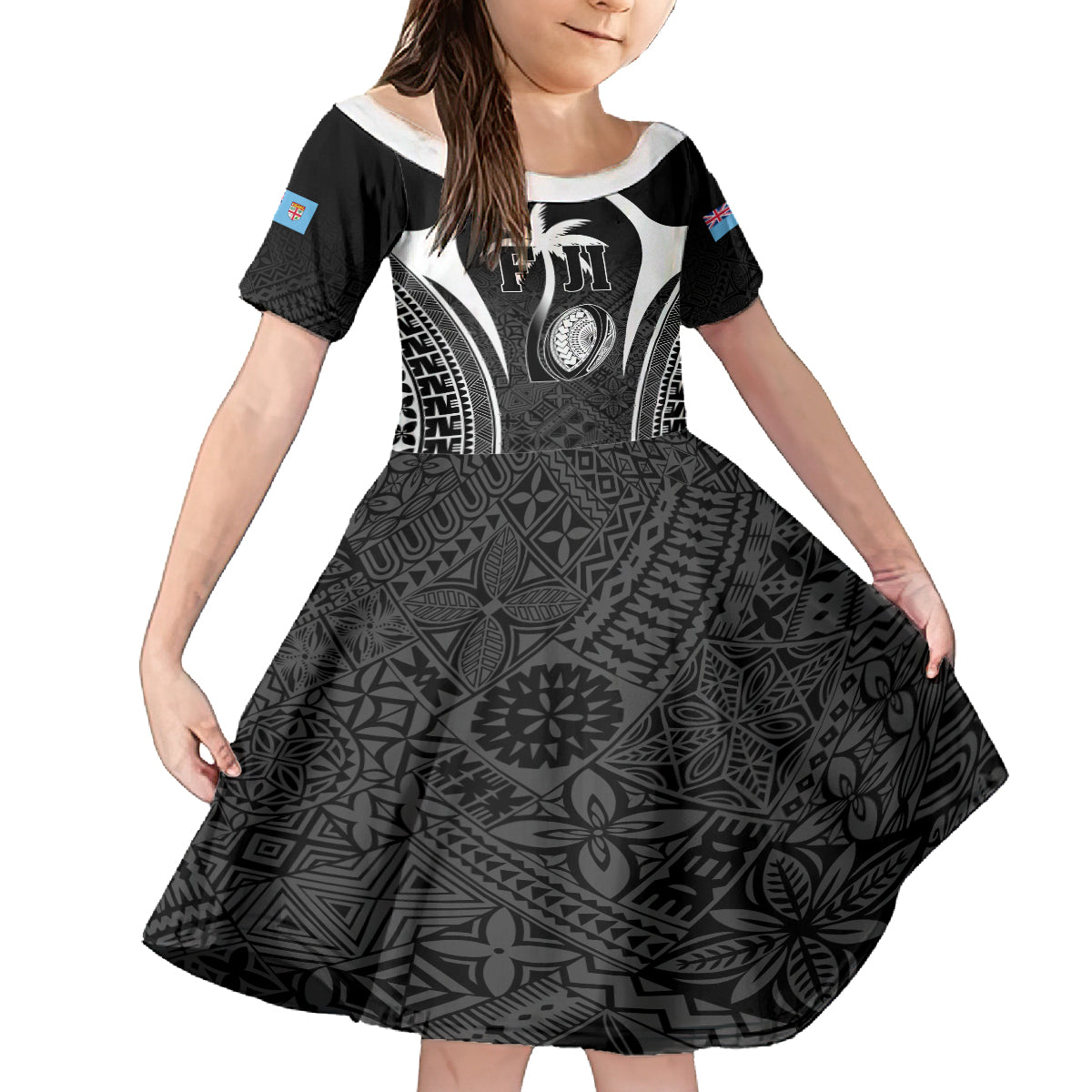 Custom Fiji Rugby Kid Short Sleeve Dress Fijian Warrior Black LT05 KID Black - Polynesian Pride