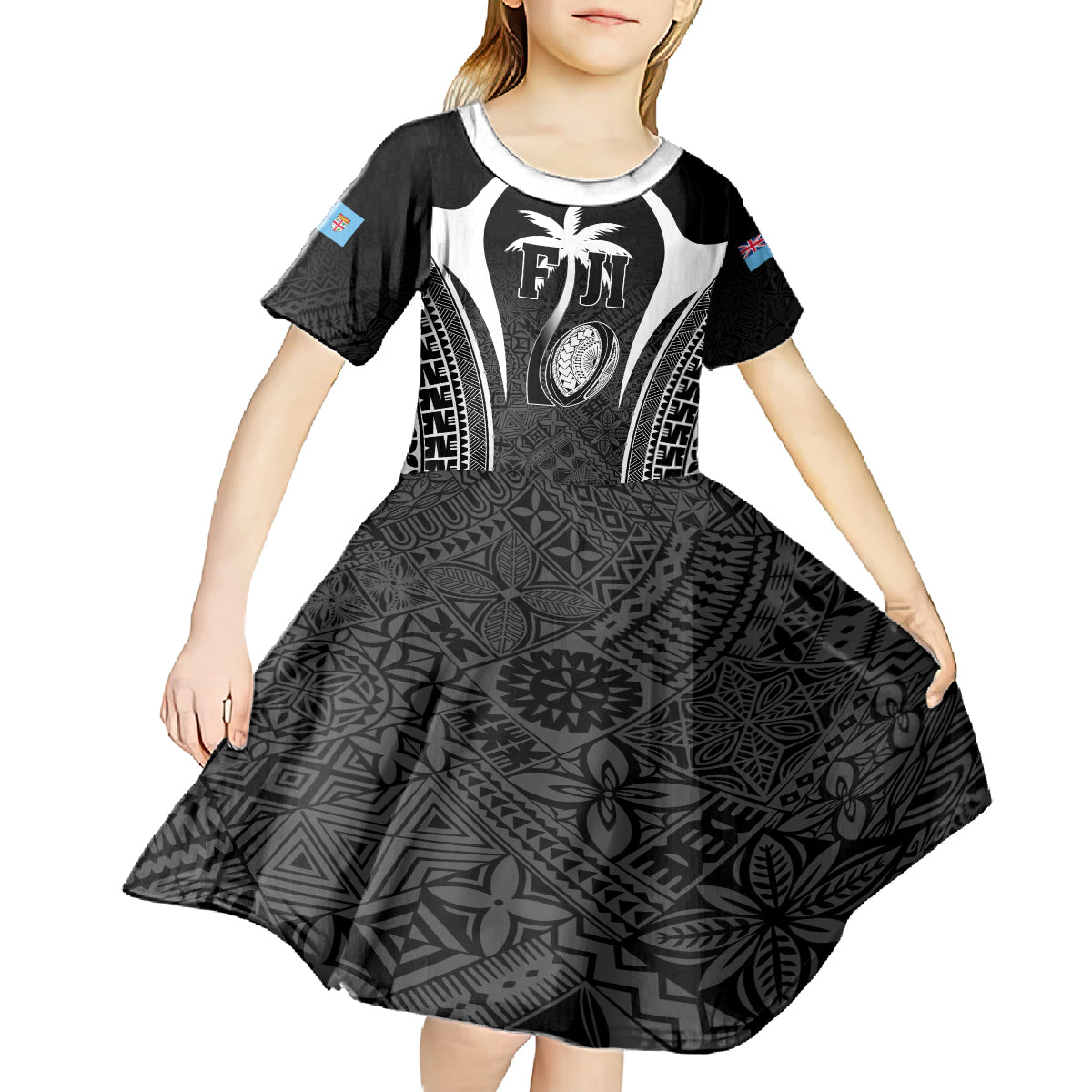 Custom Fiji Rugby Kid Short Sleeve Dress Fijian Warrior Black LT05 - Polynesian Pride
