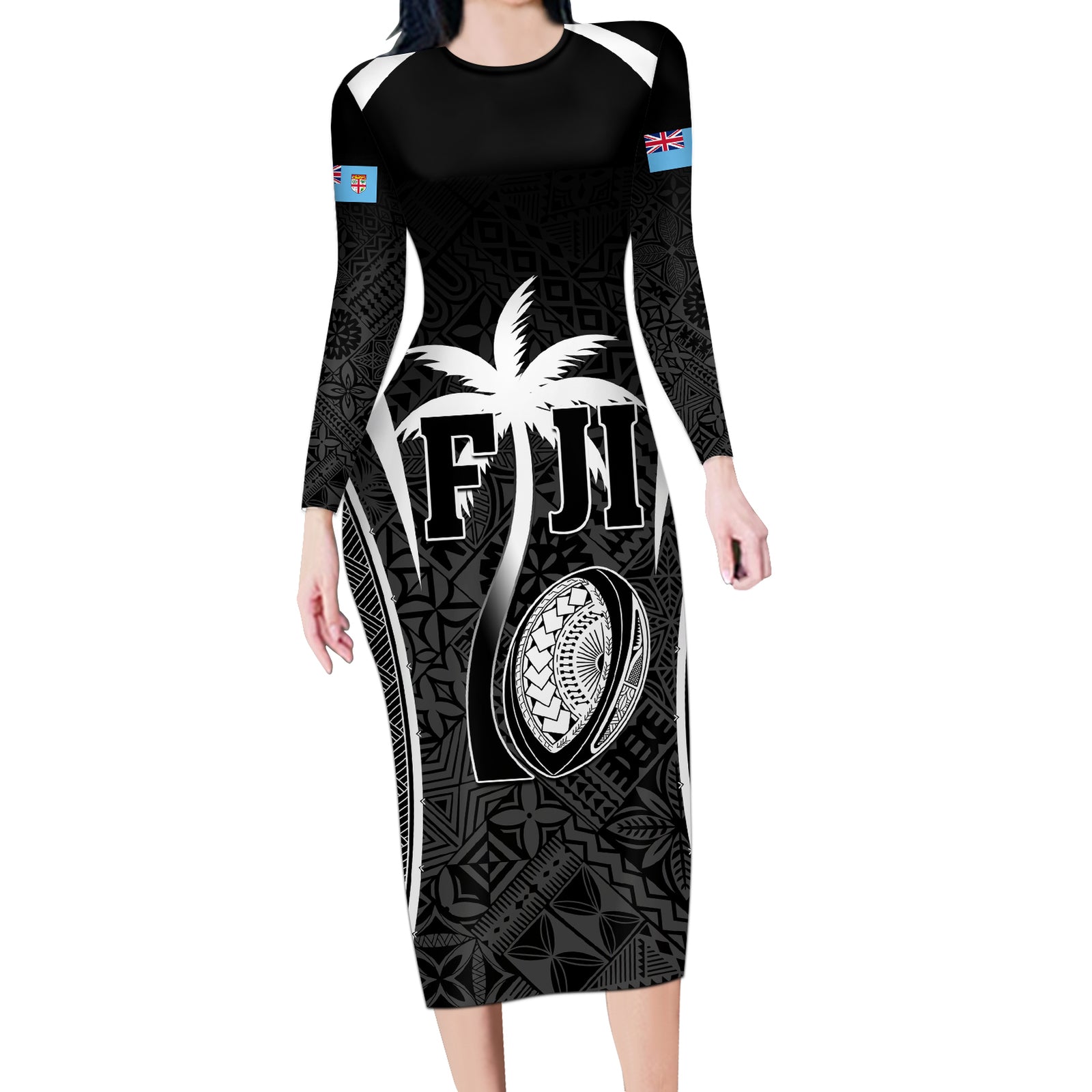 Custom Fiji Rugby Long Sleeve Bodycon Dress Fijian Warrior Black LT05 Long Dress Black - Polynesian Pride