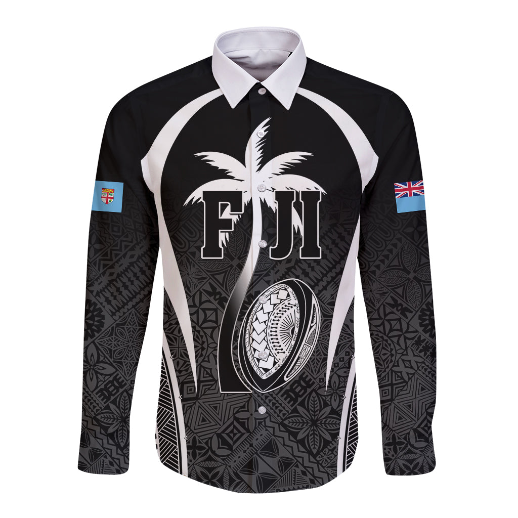Custom Fiji Rugby Long Sleeve Button Shirt Fijian Warrior Black LT05 Unisex Black - Polynesian Pride