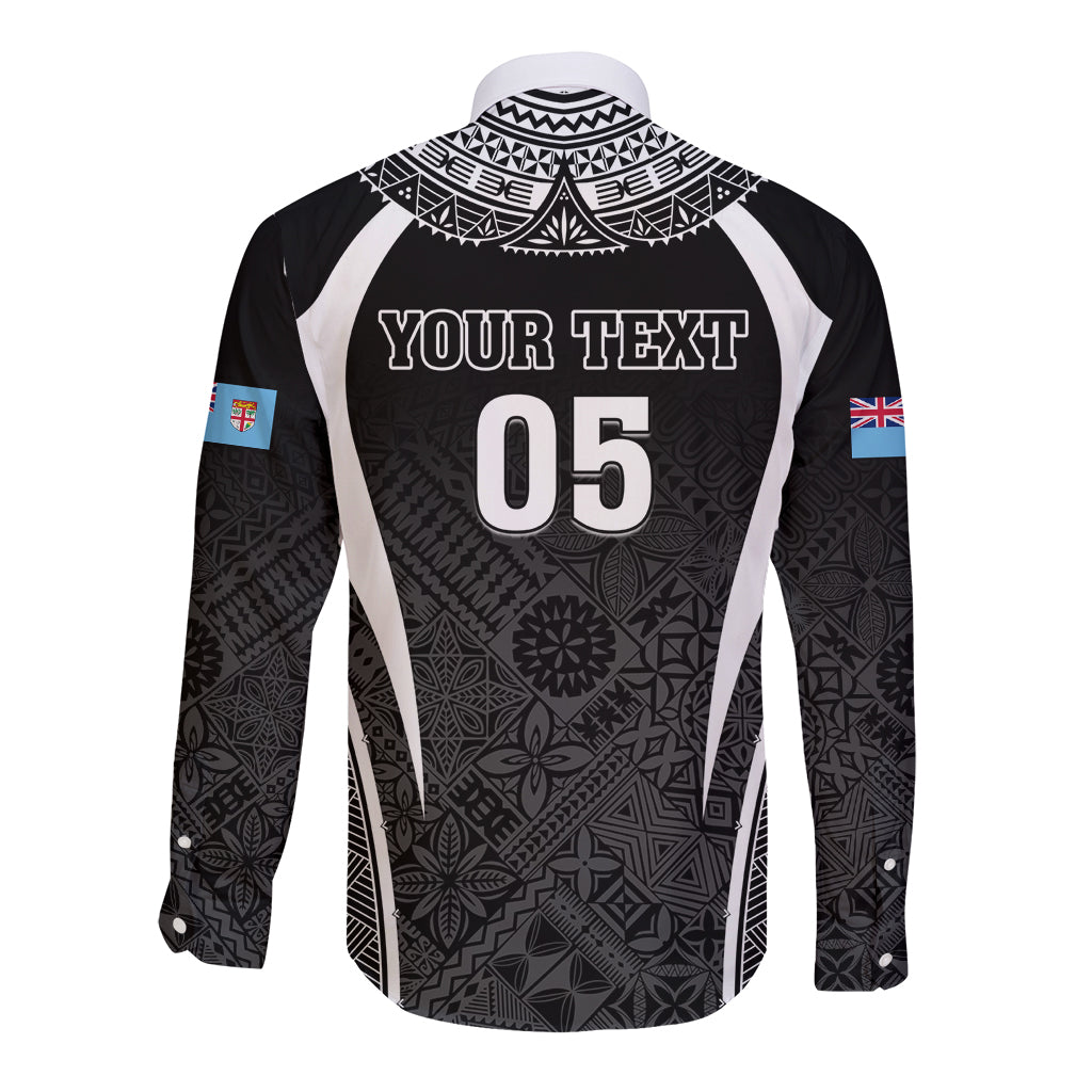Custom Fiji Rugby Long Sleeve Button Shirt Fijian Warrior Black