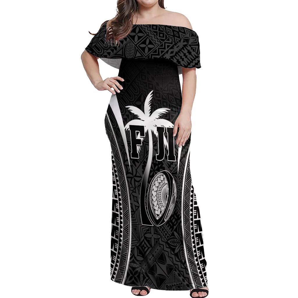 Custom Fiji Rugby Off Shoulder Maxi Dress Fijian Warrior Black LT05 Women Black - Polynesian Pride