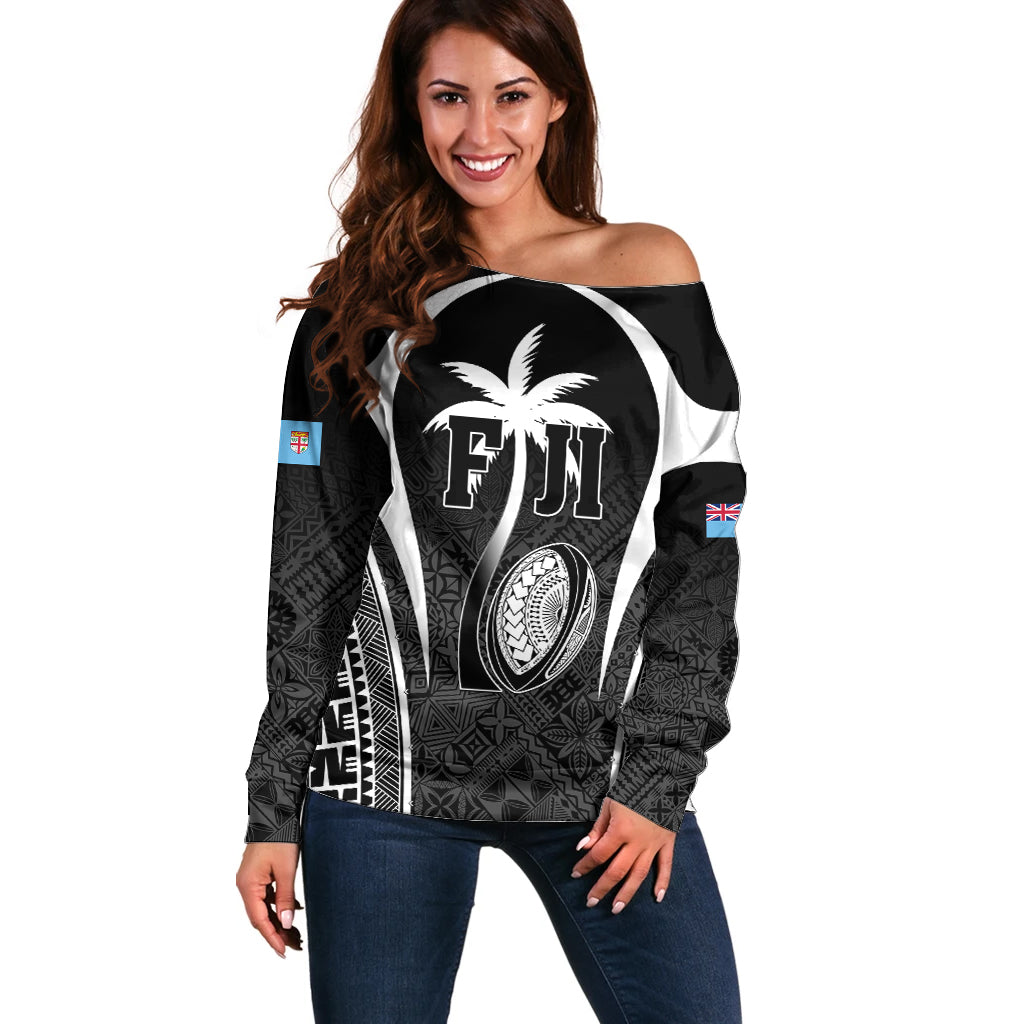 Custom Fiji Rugby Off Shoulder Sweater Fijian Warrior Black LT05 Women Black - Polynesian Pride