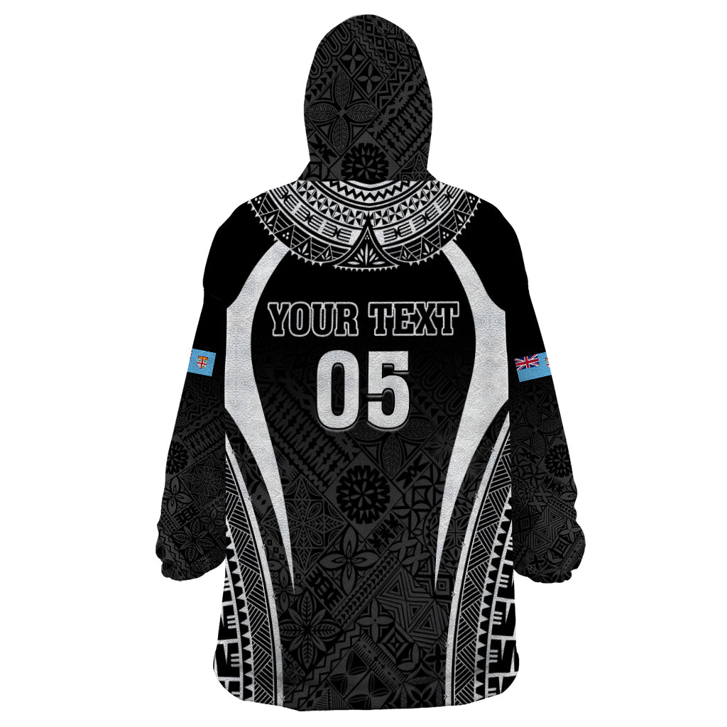 Custom Fiji Rugby Wearable Blanket Hoodie Fijian Warrior Black