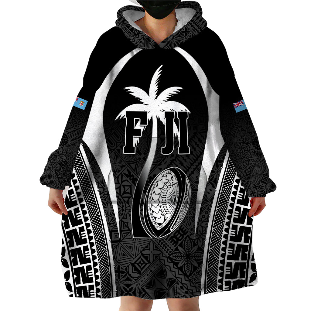 Custom Fiji Rugby Wearable Blanket Hoodie Fijian Warrior Black