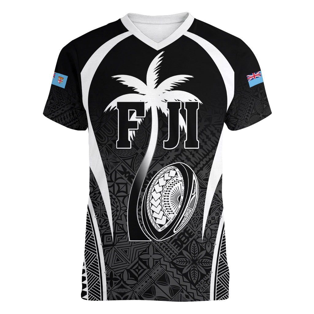 Custom Fiji Rugby Women V-Neck T-Shirt Fijian Warrior Black