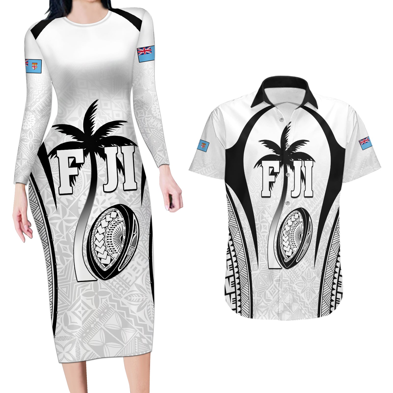 Custom Fiji Rugby Couples Matching Long Sleeve Bodycon Dress and Hawaiian Shirt Fijian Warrior White