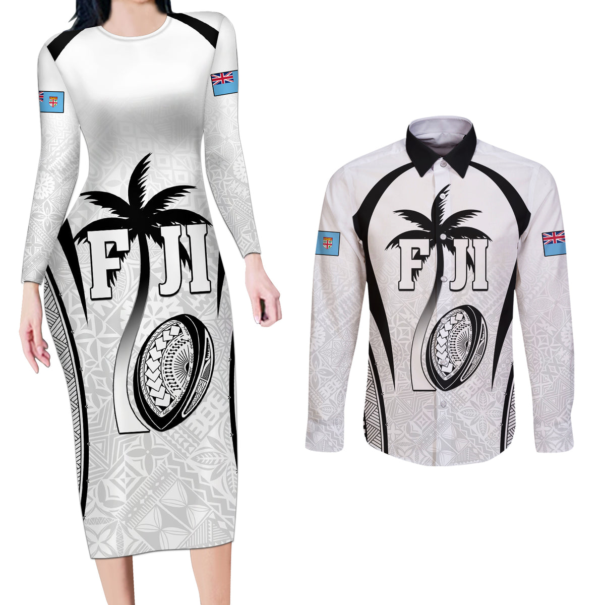 Custom Fiji Rugby Couples Matching Long Sleeve Bodycon Dress and Long Sleeve Button Shirt Fijian Warrior White