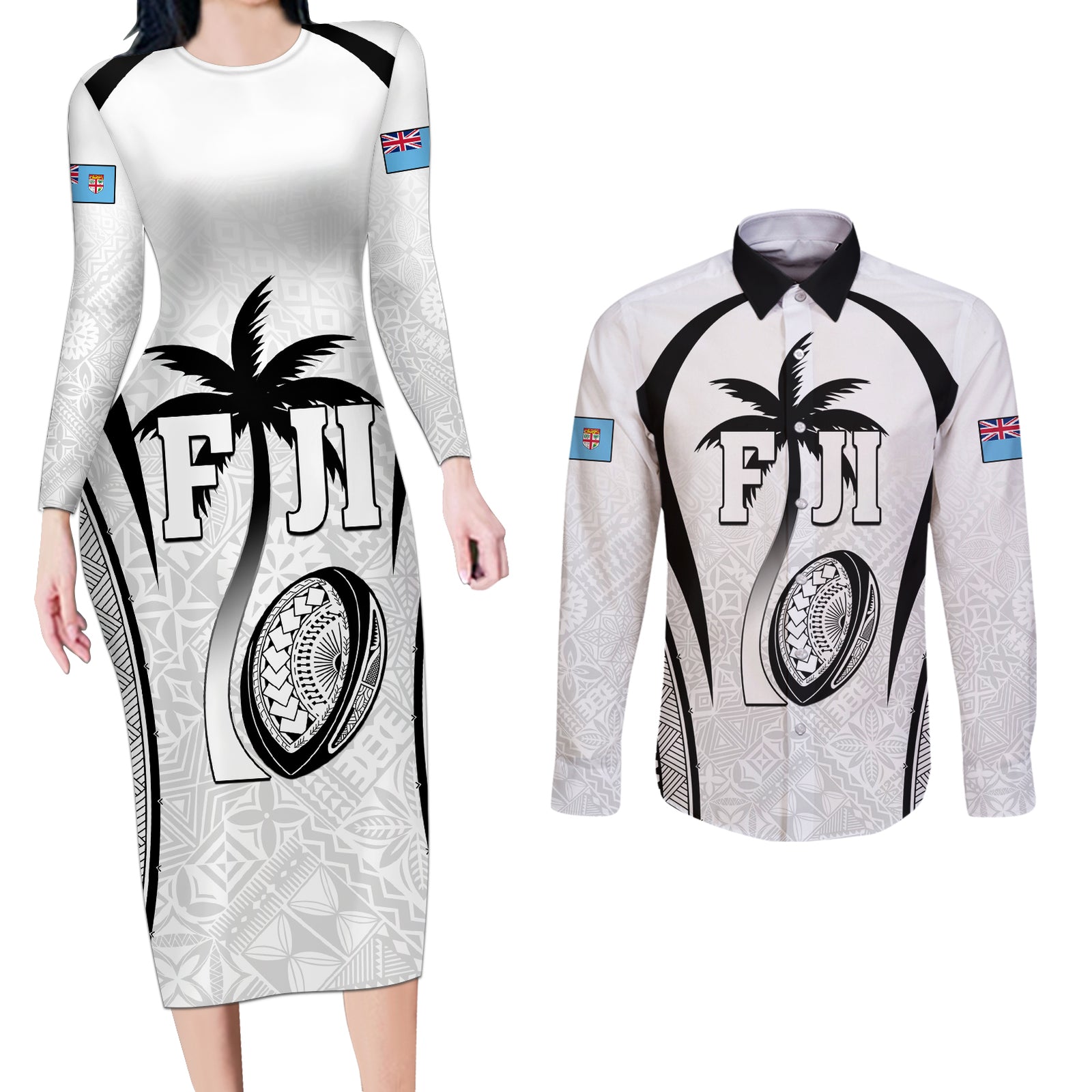 Custom Fiji Rugby Couples Matching Long Sleeve Bodycon Dress and Long Sleeve Button Shirt Fijian Warrior White LT05 White - Polynesian Pride