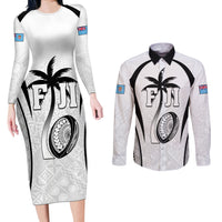 Custom Fiji Rugby Couples Matching Long Sleeve Bodycon Dress and Long Sleeve Button Shirt Fijian Warrior White