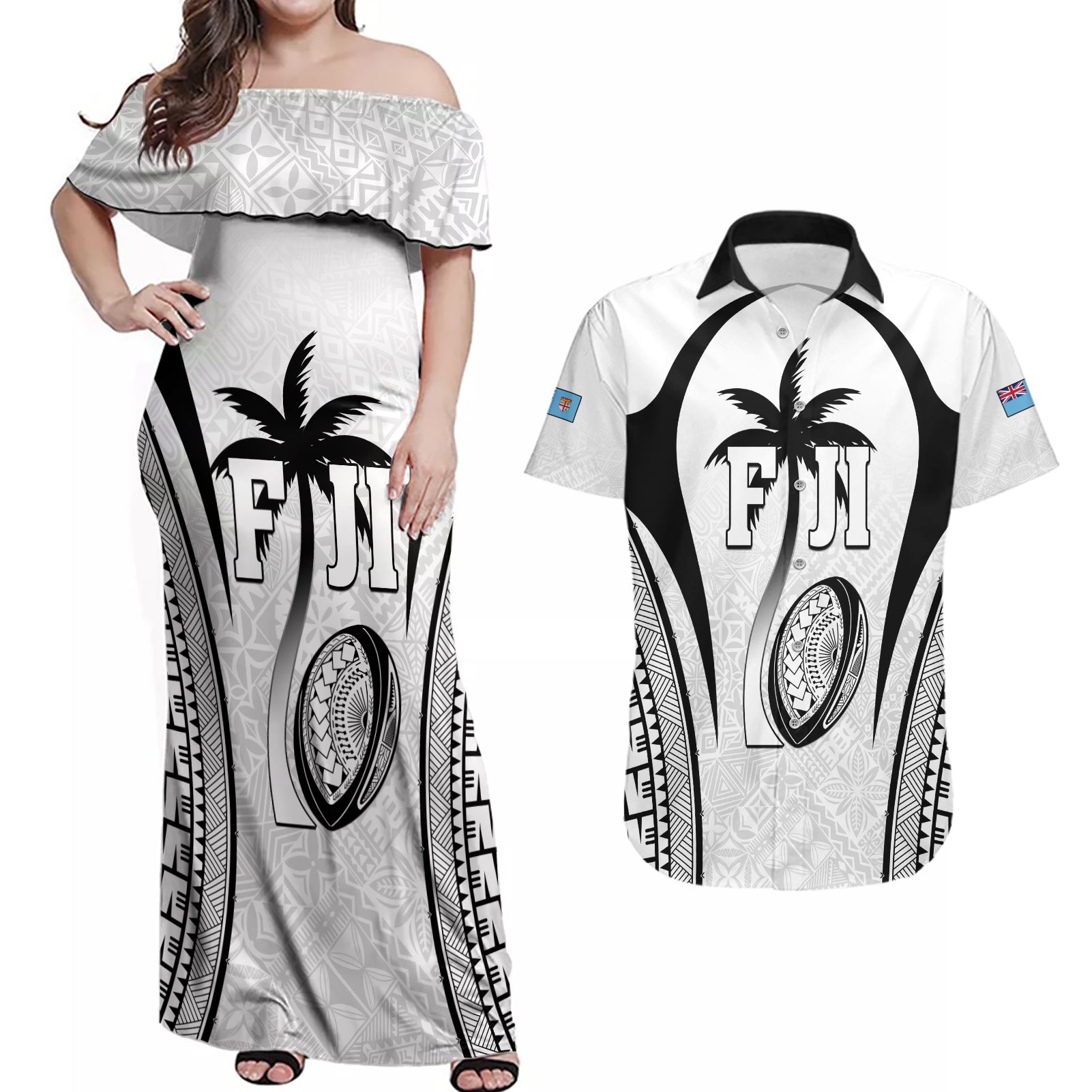 Custom Fiji Rugby Couples Matching Off Shoulder Maxi Dress and Hawaiian Shirt Fijian Warrior White