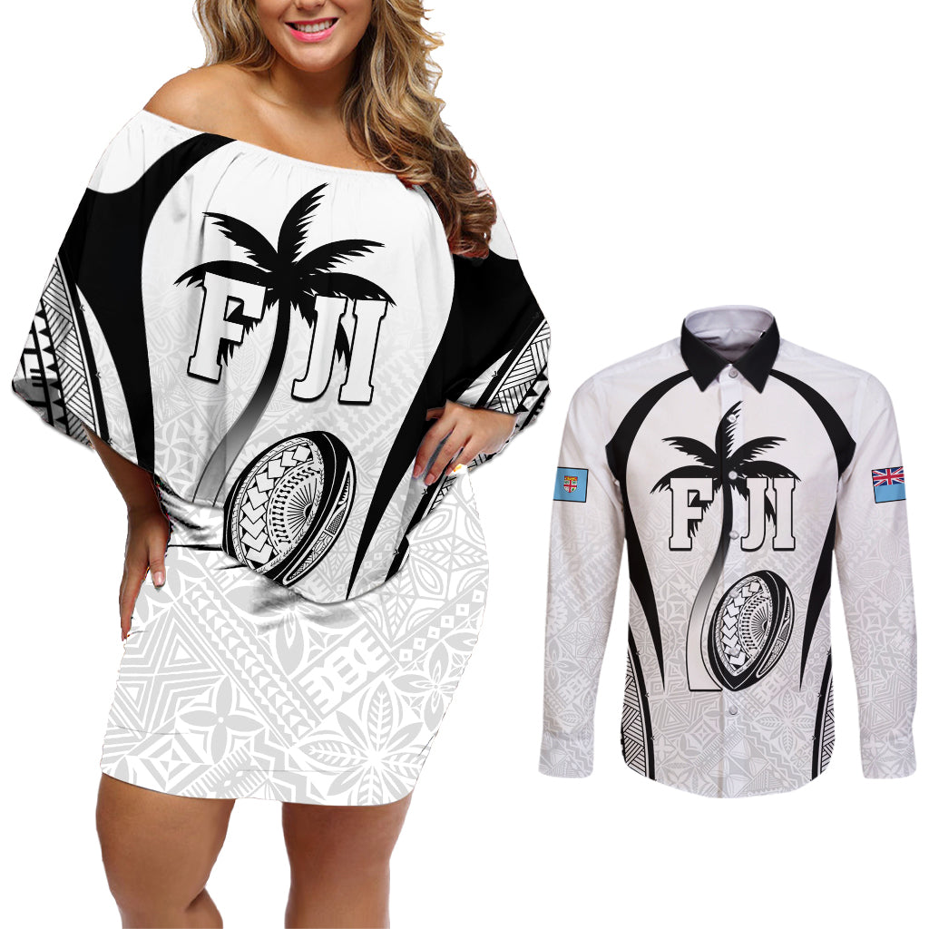 Custom Fiji Rugby Couples Matching Off Shoulder Short Dress and Long Sleeve Button Shirt Fijian Warrior White LT05 White - Polynesian Pride