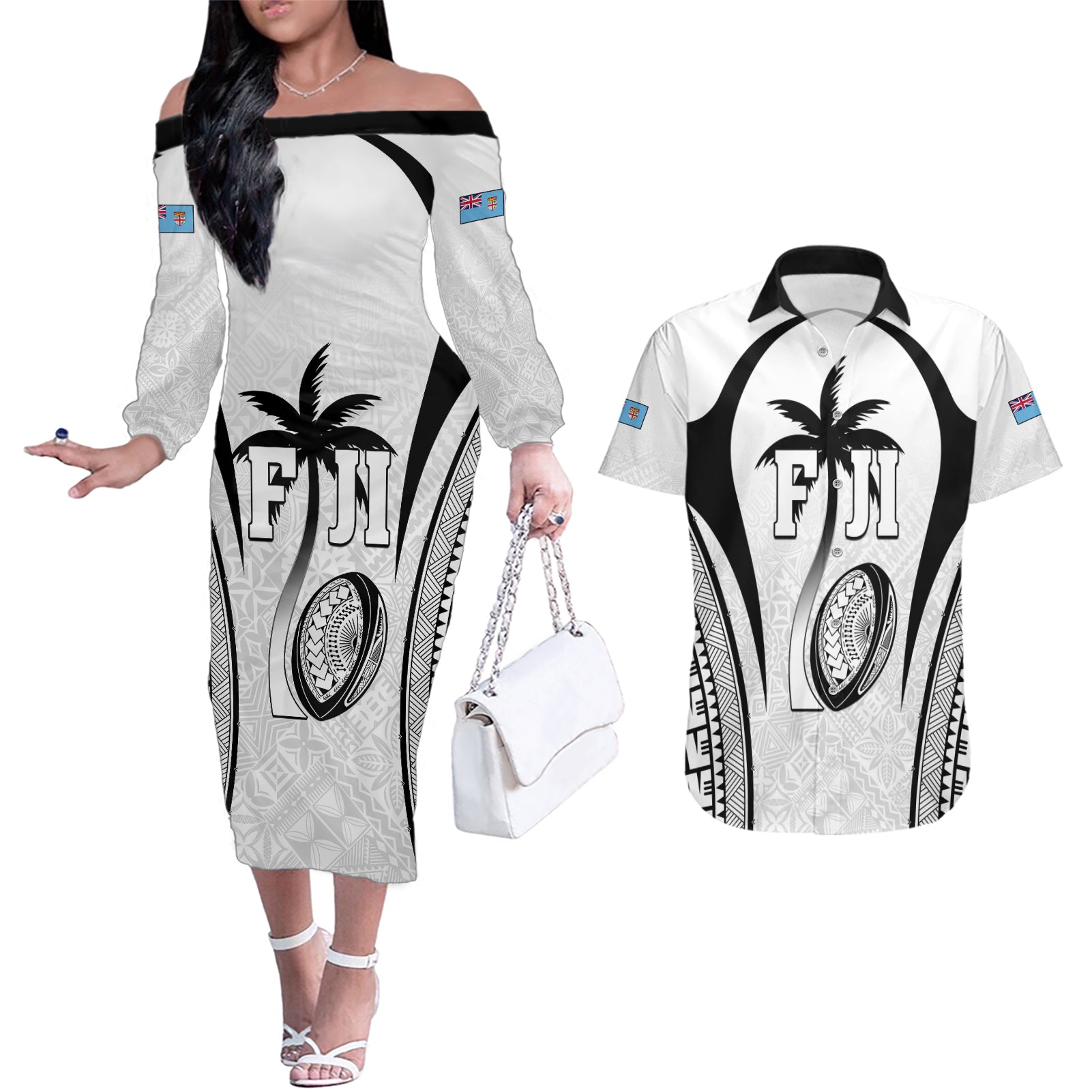 Custom Fiji Rugby Couples Matching Off The Shoulder Long Sleeve Dress and Hawaiian Shirt Fijian Warrior White