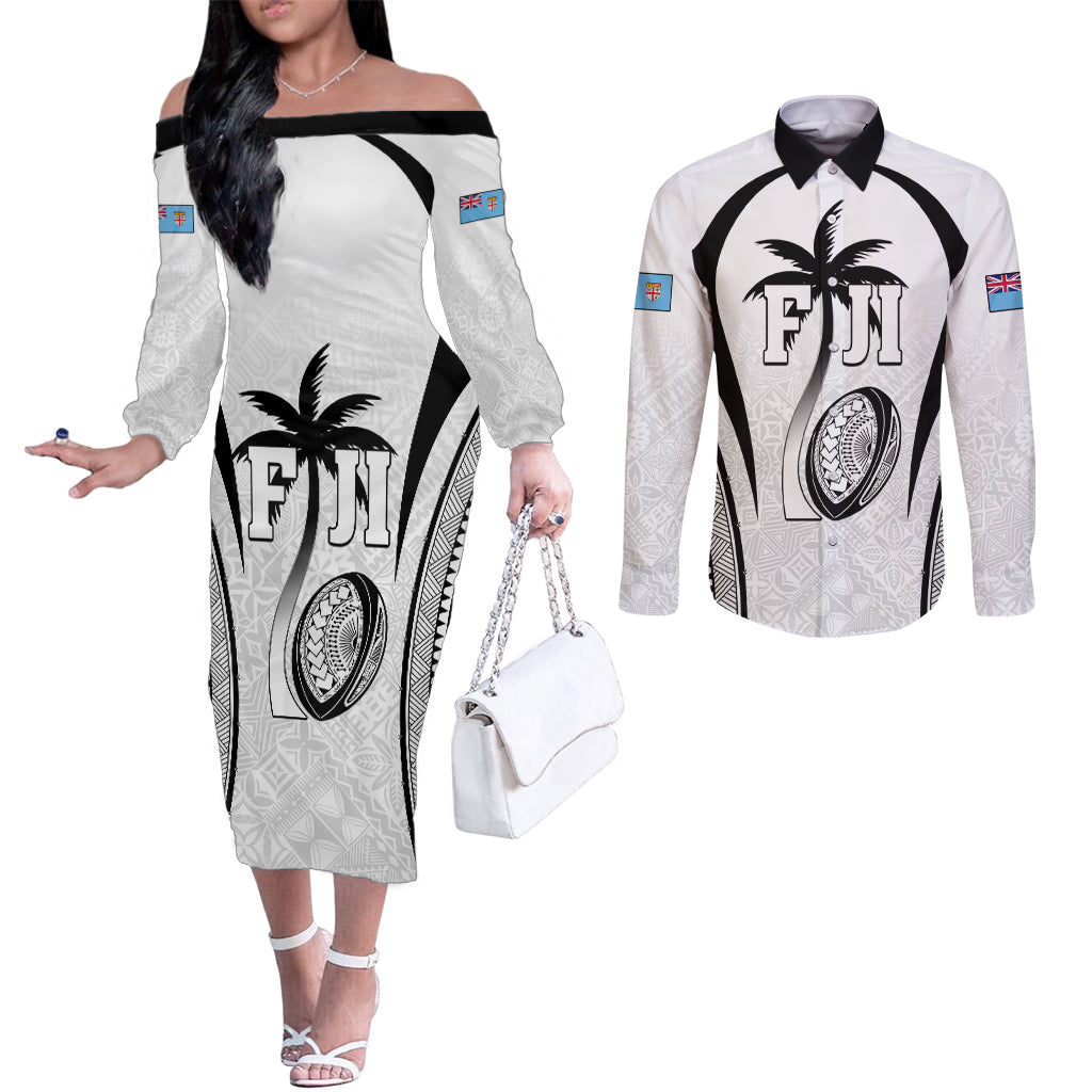 Custom Fiji Rugby Couples Matching Off The Shoulder Long Sleeve Dress and Long Sleeve Button Shirt Fijian Warrior White LT05 White - Polynesian Pride