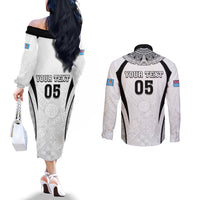 Custom Fiji Rugby Couples Matching Off The Shoulder Long Sleeve Dress and Long Sleeve Button Shirt Fijian Warrior White