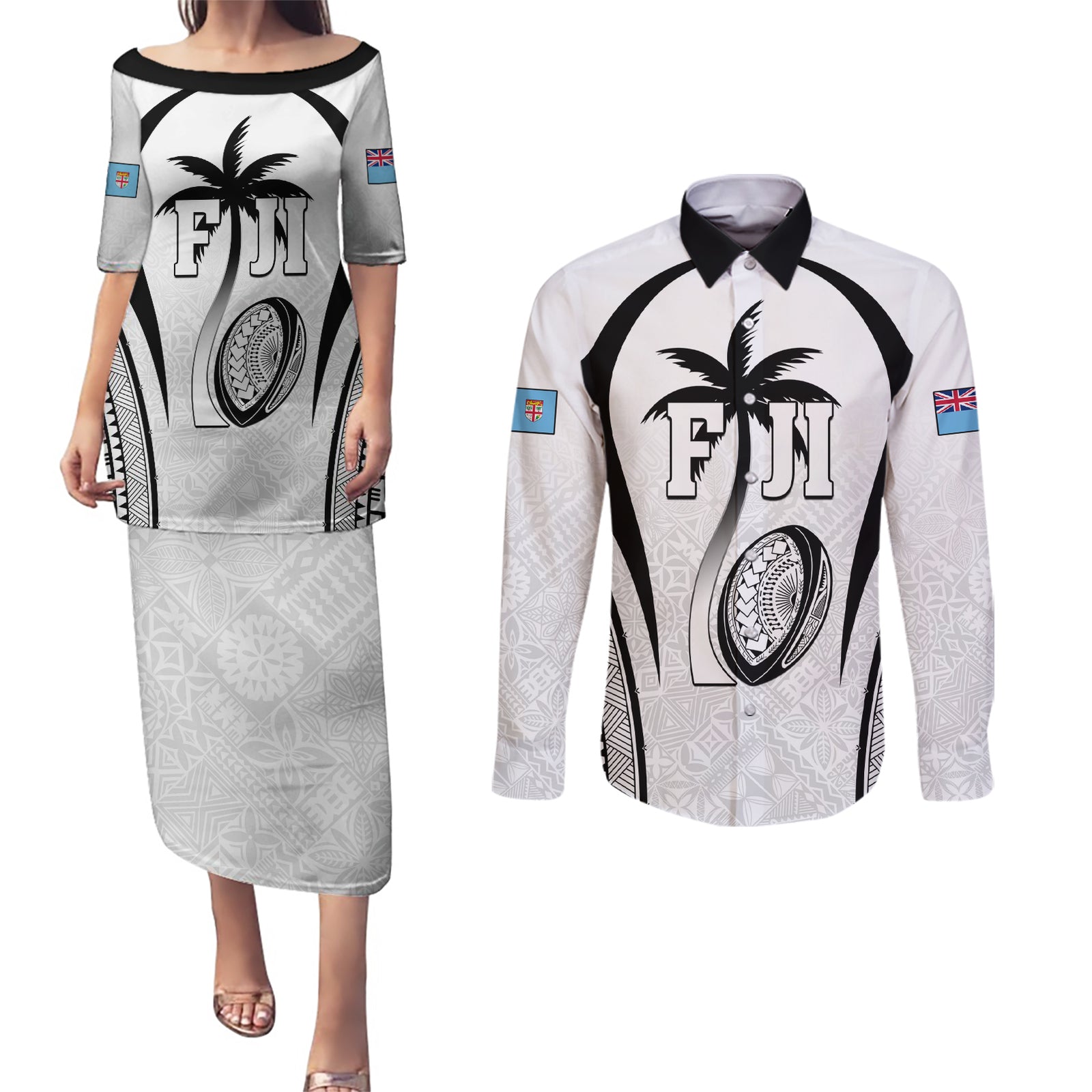 Custom Fiji Rugby Couples Matching Puletasi and Long Sleeve Button Shirt Fijian Warrior White LT05 White - Polynesian Pride