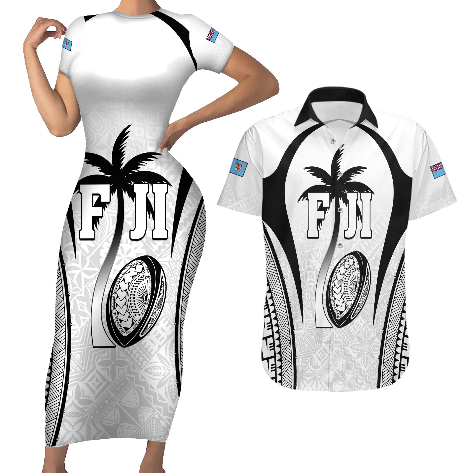 Custom Fiji Rugby Couples Matching Short Sleeve Bodycon Dress and Hawaiian Shirt Fijian Warrior White