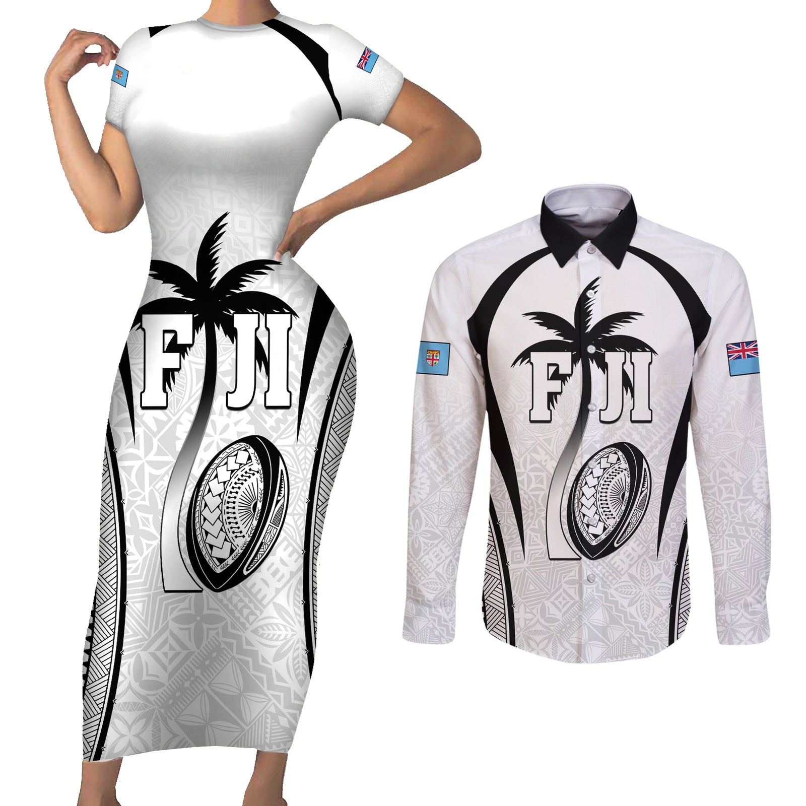 Custom Fiji Rugby Couples Matching Short Sleeve Bodycon Dress and Long Sleeve Button Shirt Fijian Warrior White LT05 White - Polynesian Pride