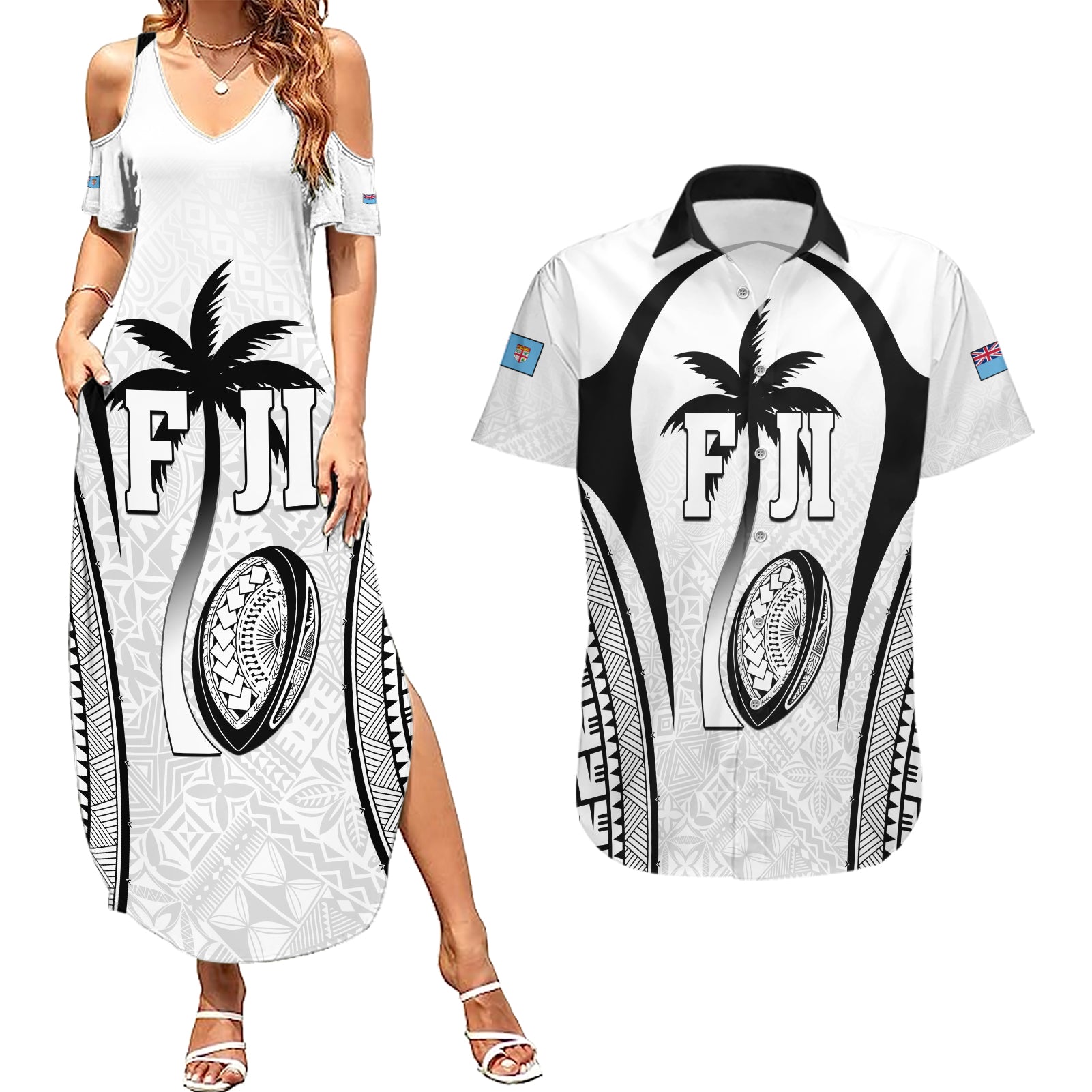 Custom Fiji Rugby Couples Matching Summer Maxi Dress and Hawaiian Shirt Fijian Warrior White