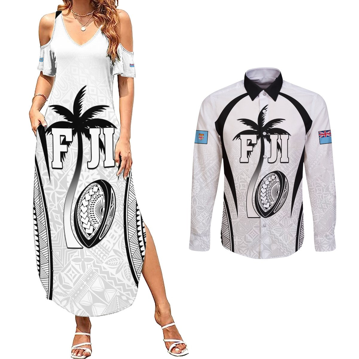Custom Fiji Rugby Couples Matching Summer Maxi Dress and Long Sleeve Button Shirt Fijian Warrior White LT05 White - Polynesian Pride