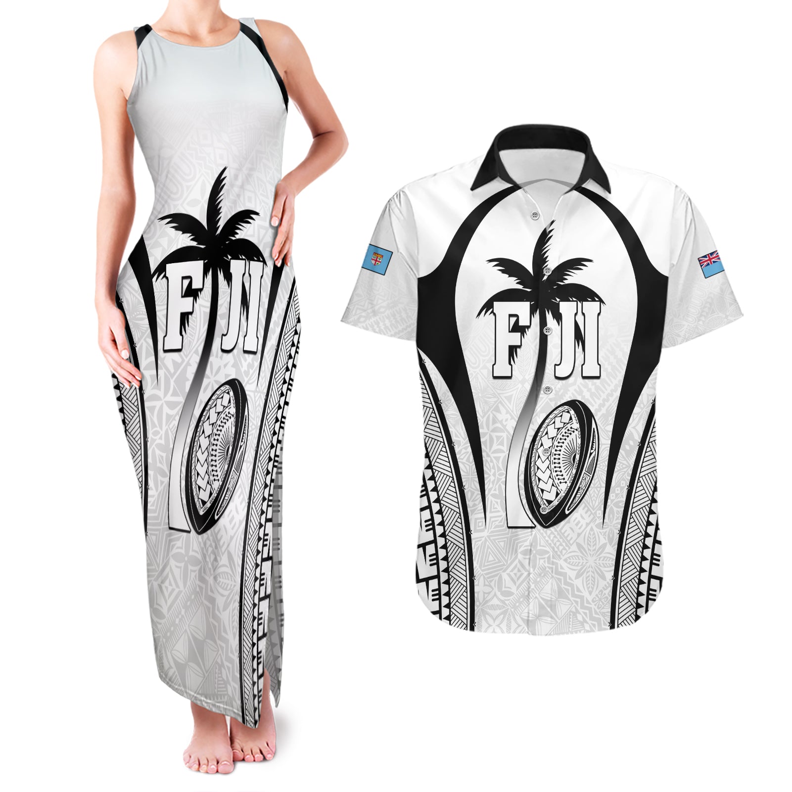 Custom Fiji Rugby Couples Matching Tank Maxi Dress and Hawaiian Shirt Fijian Warrior White