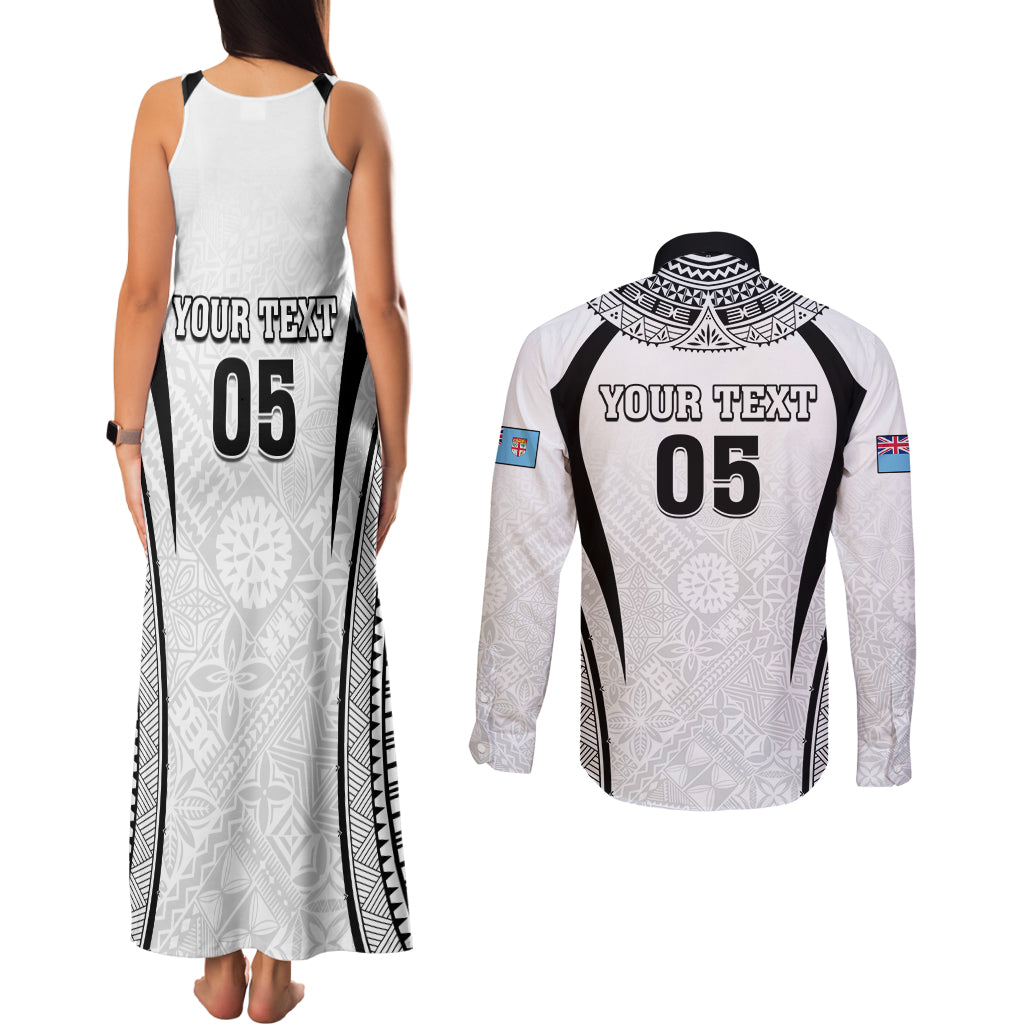 Custom Fiji Rugby Couples Matching Tank Maxi Dress and Long Sleeve Button Shirt Fijian Warrior White