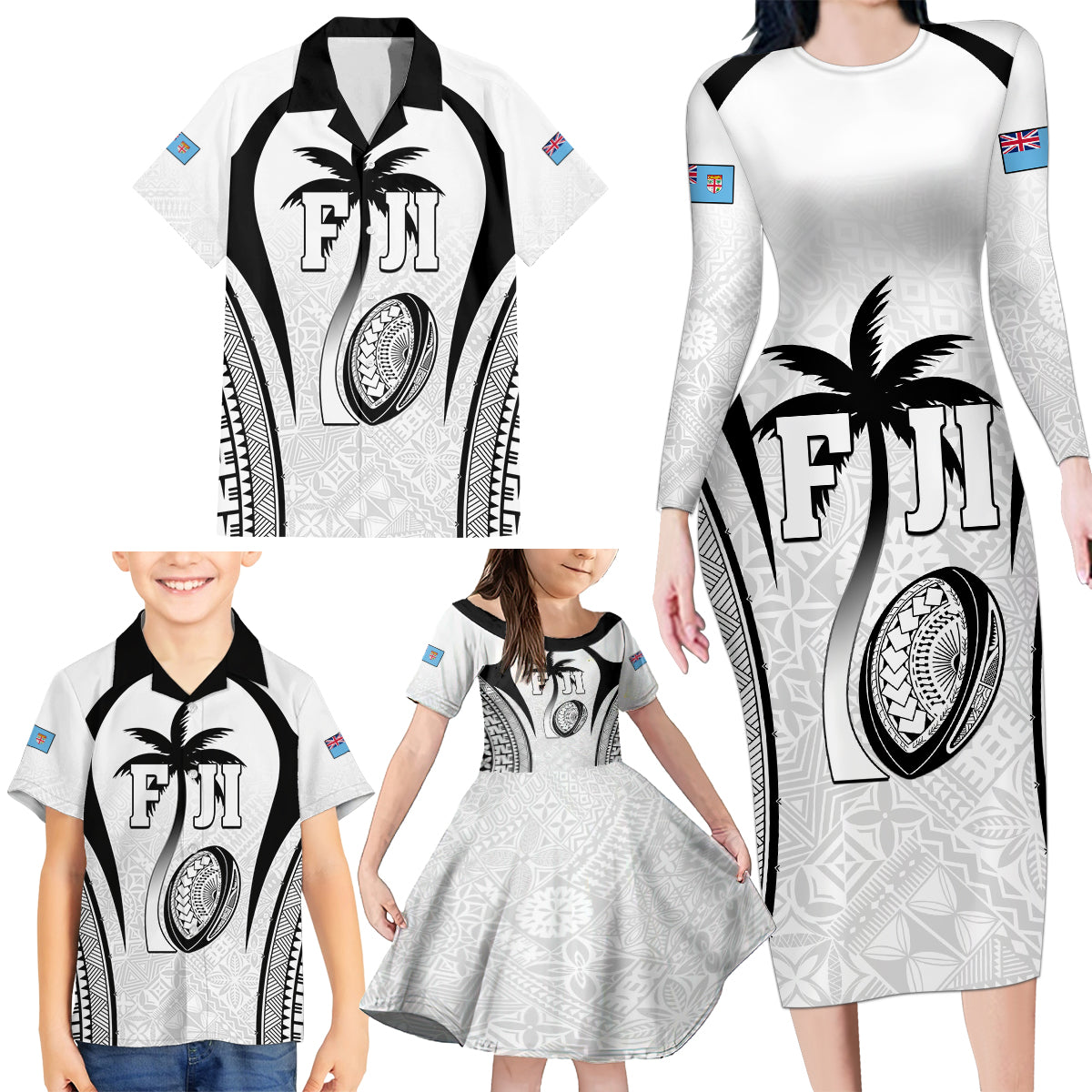 Custom Fiji Rugby Family Matching Long Sleeve Bodycon Dress and Hawaiian Shirt Fijian Warrior White