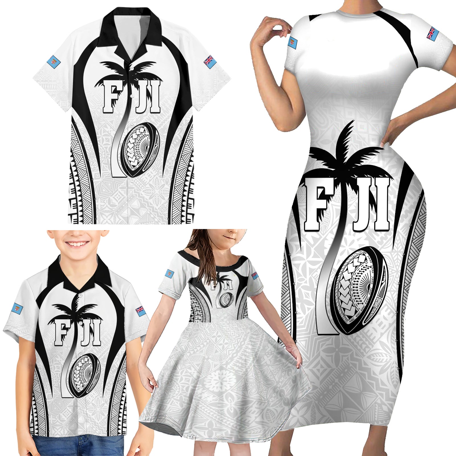 Custom Fiji Rugby Family Matching Short Sleeve Bodycon Dress and Hawaiian Shirt Fijian Warrior White